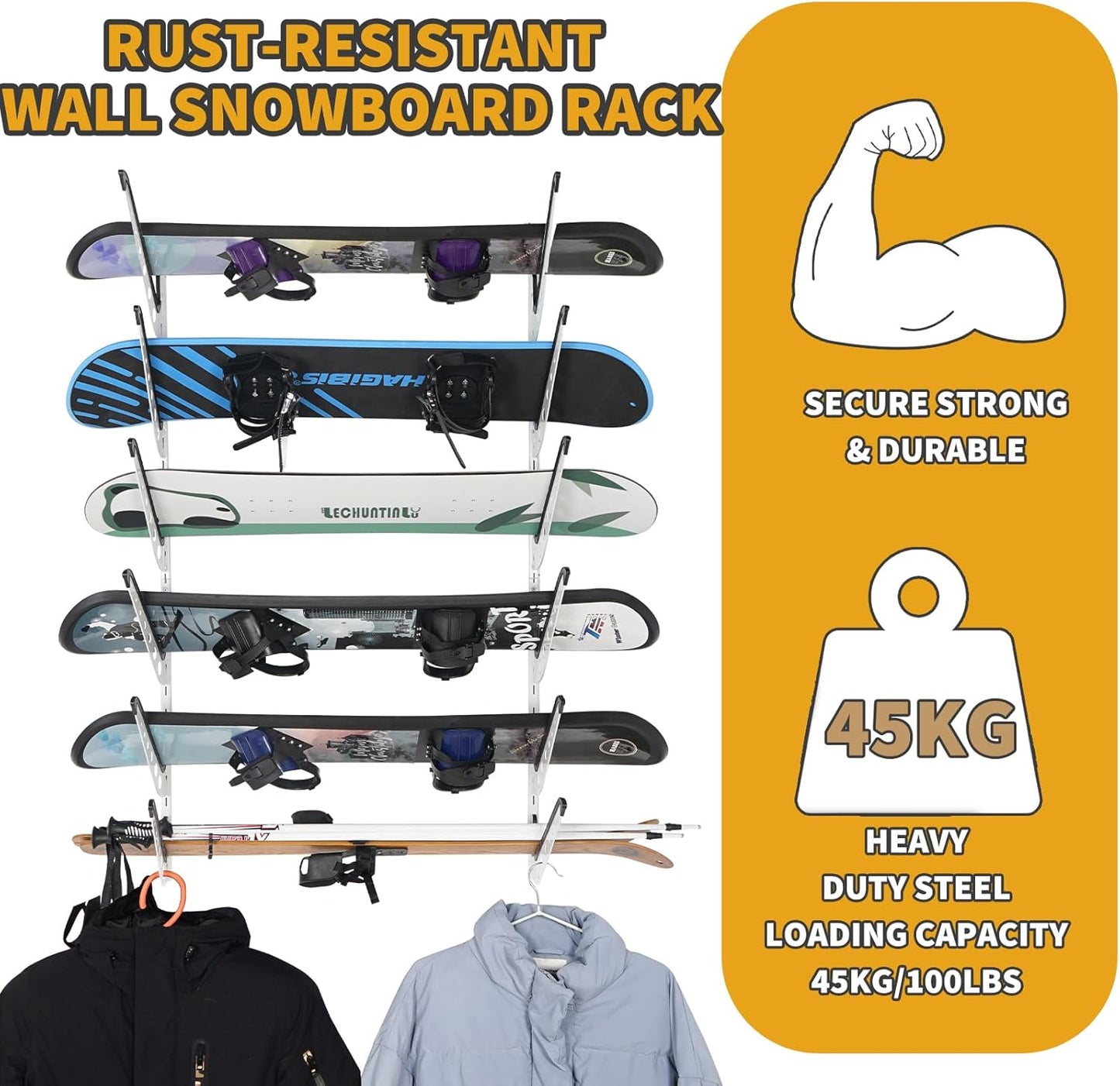 Snowboard Wall Racks, Adjustable Storage Rack for Ski, Surfboard, Wakeboard, Snowboard Wall Mount Display, White/Black