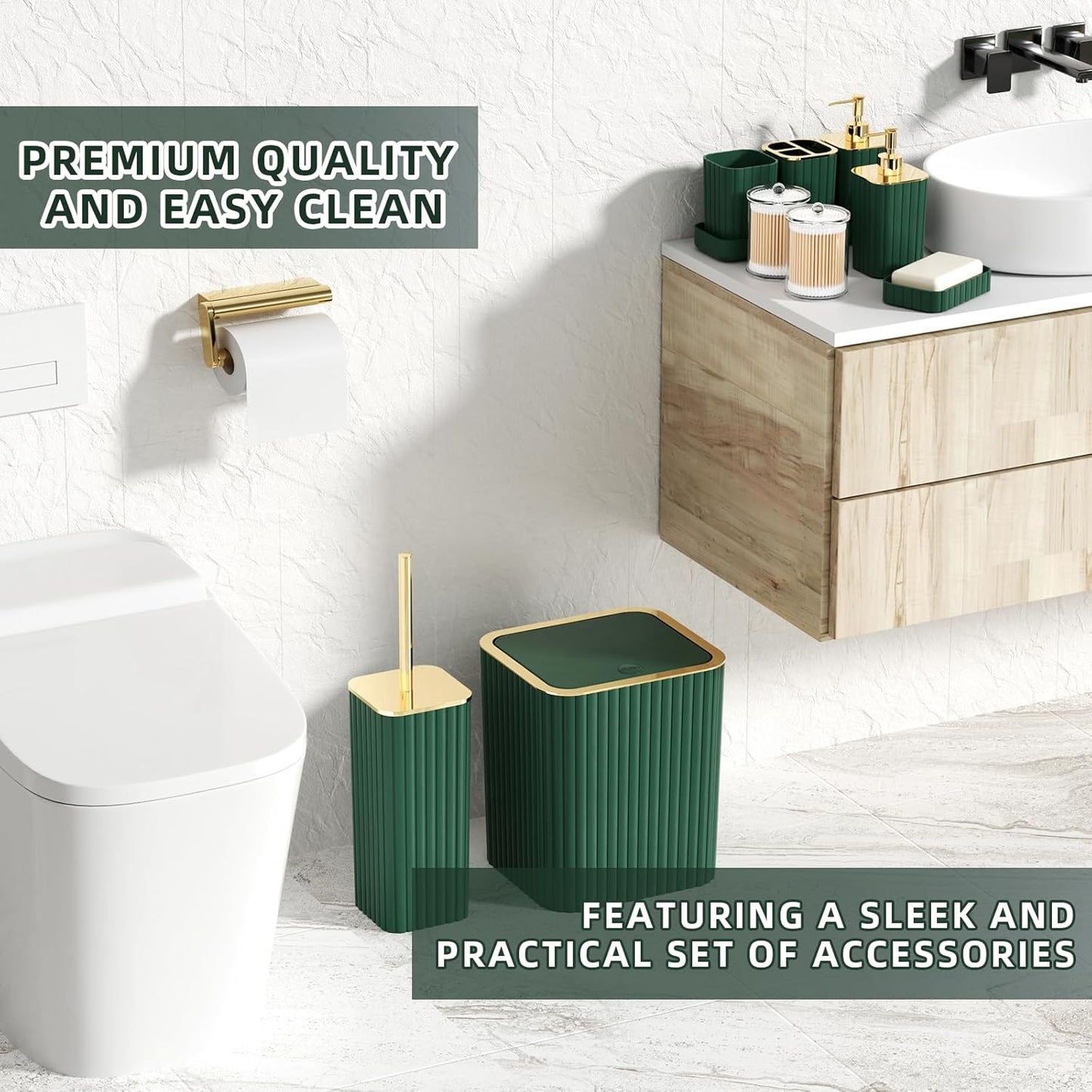 Bathroom Accessories Set - Gorgeous Green Bathroom Set, 10PC Green Bathroom Accessory Set, Bathroom Sets with Toilet Brush, Bathroom Trash Can