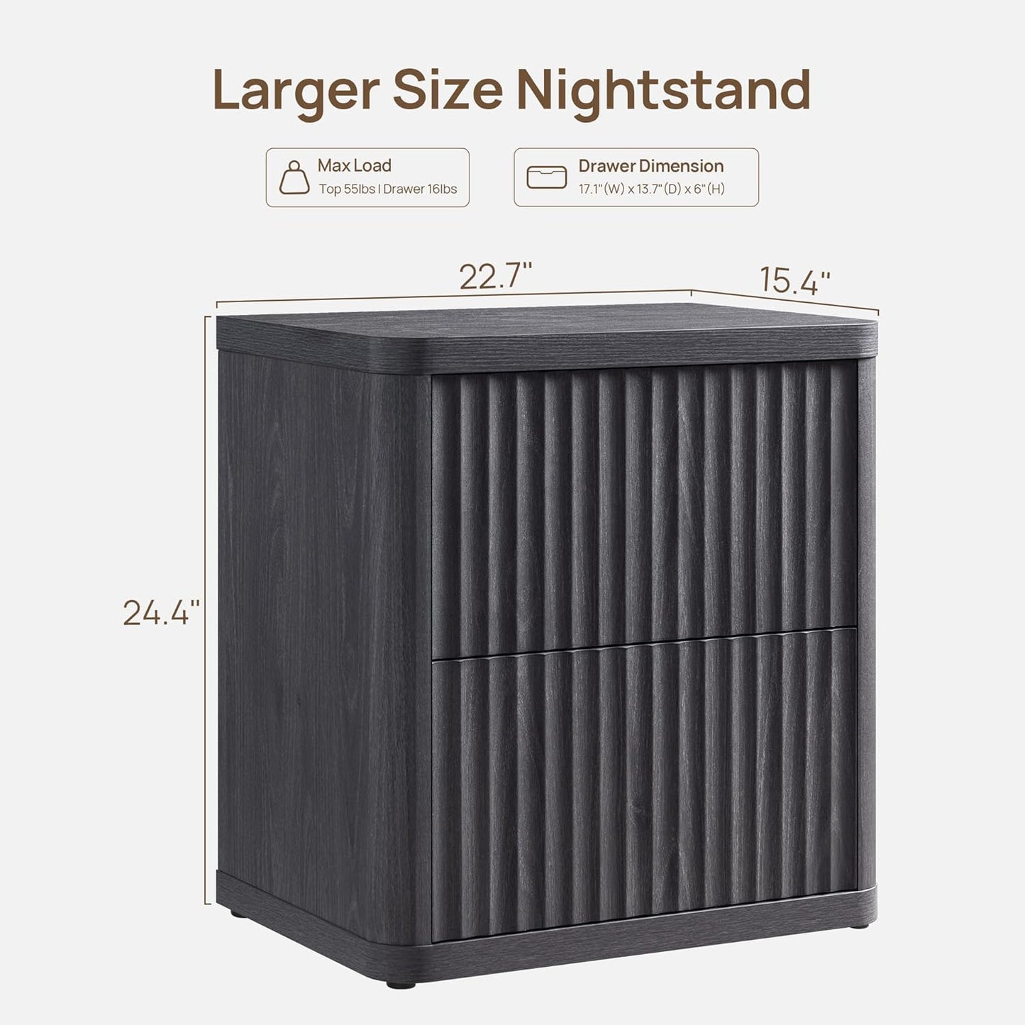 SICOTAS Night Stand Set of 2 Nightstands with 2 Drawers Storage Bedside Table Large Fluted Bed Side End Table Modern 24.4" Tall Wide Night Stands for Bedroom Living Room Sofa Couch Office