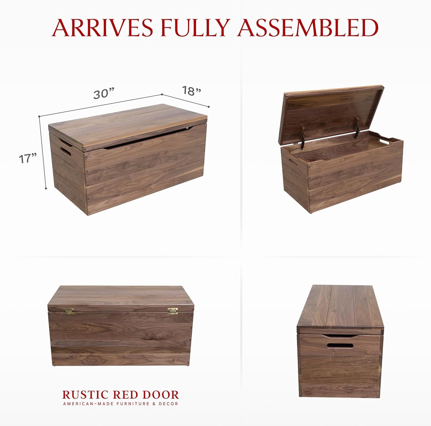 Amish Made Wooden Storage Chest Trunk Box with Lid and Handles for Bedroolanket, Clothes, Anti-Slam Hinges, Handmade, Rustic, Walnut Wood, Natural Stain, 30"