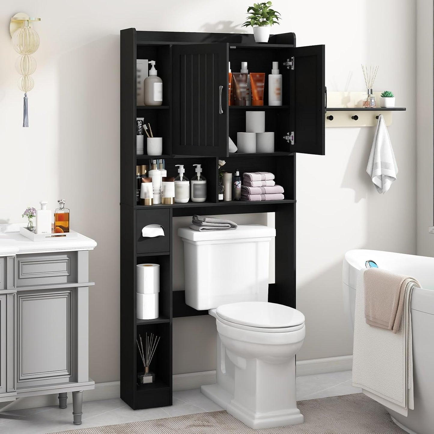 Vabches Over The Toilet Storage Cabinet, Farmhouse Storage Cabinet Over Toilet with Barn Door, Home Space-Saving Toilet Rack, for Bathroom, Restroom, Laundry（Black）.