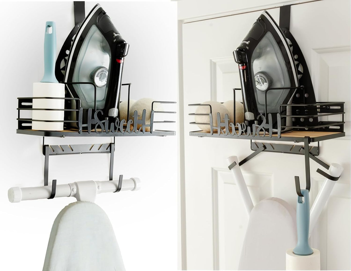 Farmhouse Ironing Board Hanger Wall Mount or Over the Door - Universal Laundry Room Ironing Board Holder Caddy with Iron Holder Shelf-Adjustable Hooks to Hold Ironing Boards Large & Small - Black