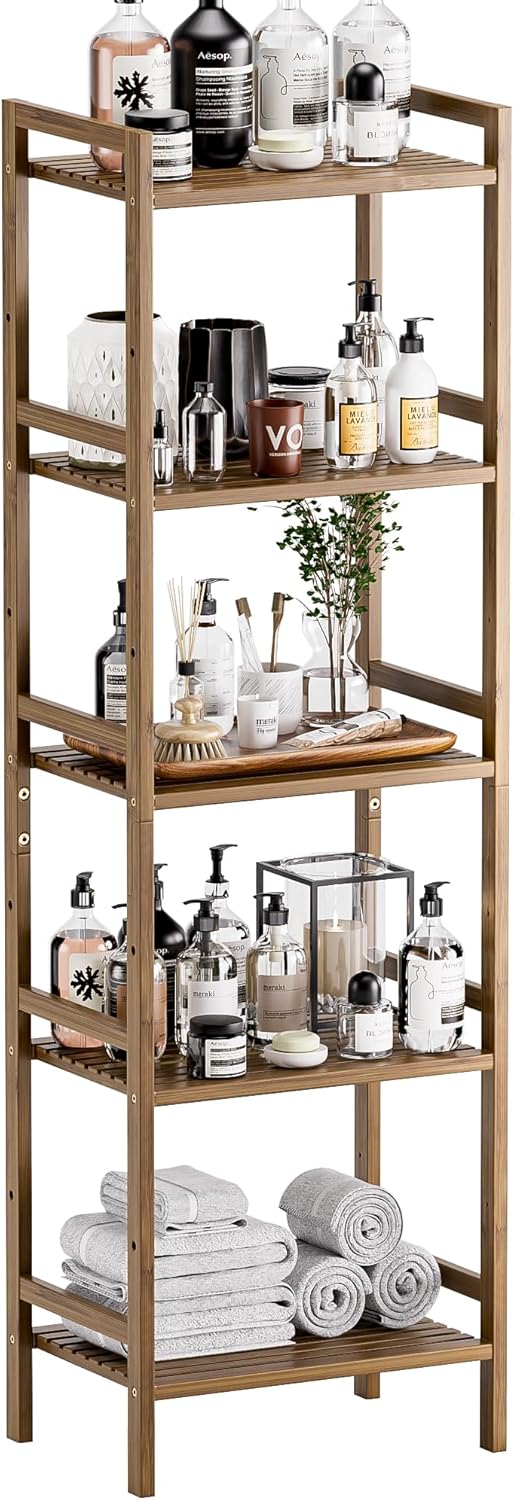 HITNET Bamboo Book Shelf, Tall Narrow Bookcase, Bathroom Shelving Unit 5 Tier Floor Standing Adjustable Bookshelf for Small Spaces, Walnut