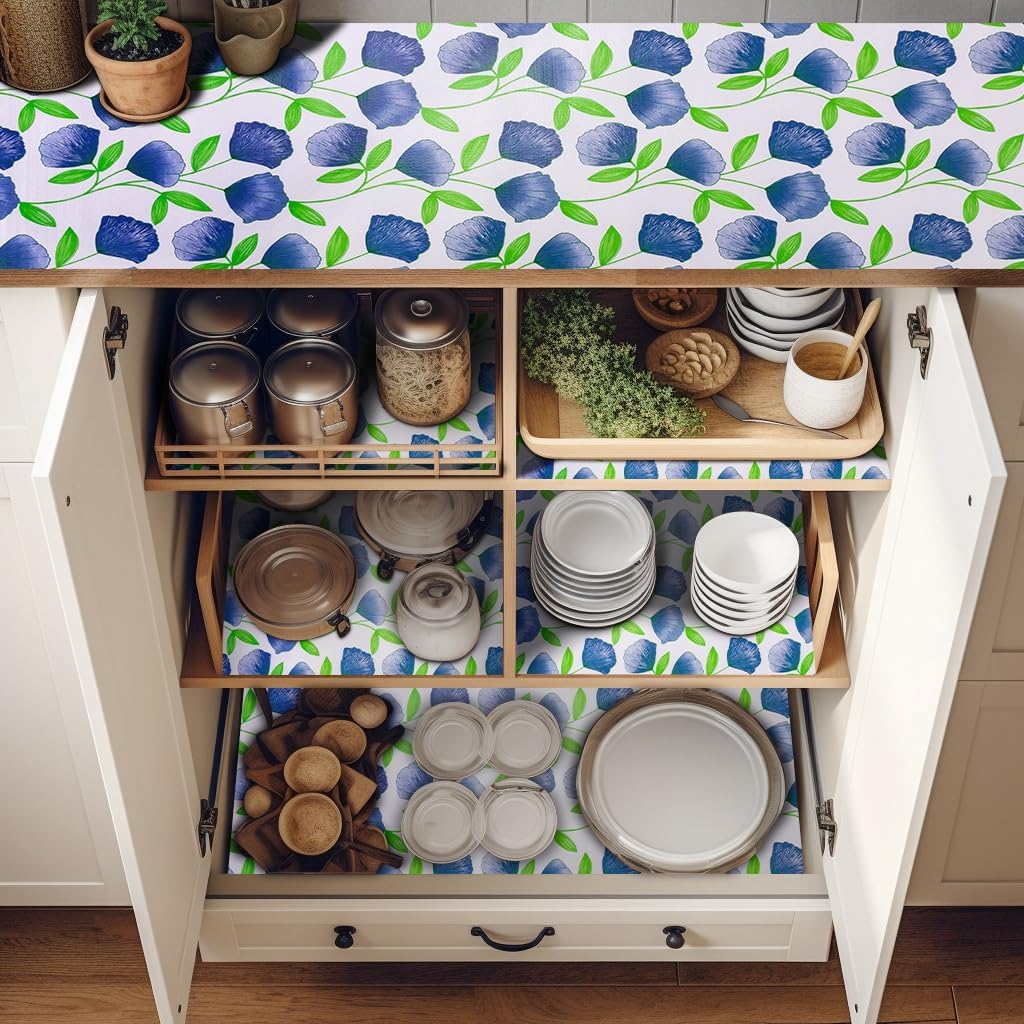 2 Rolls 18" W x 192" L Floral Drawer and Shelf Liner for Cabinets, Non-Adhesive Strong Grip Non-Slip Flower Shelf Cabinet Kitchen Shelf Liners for Kitchen Cabinets