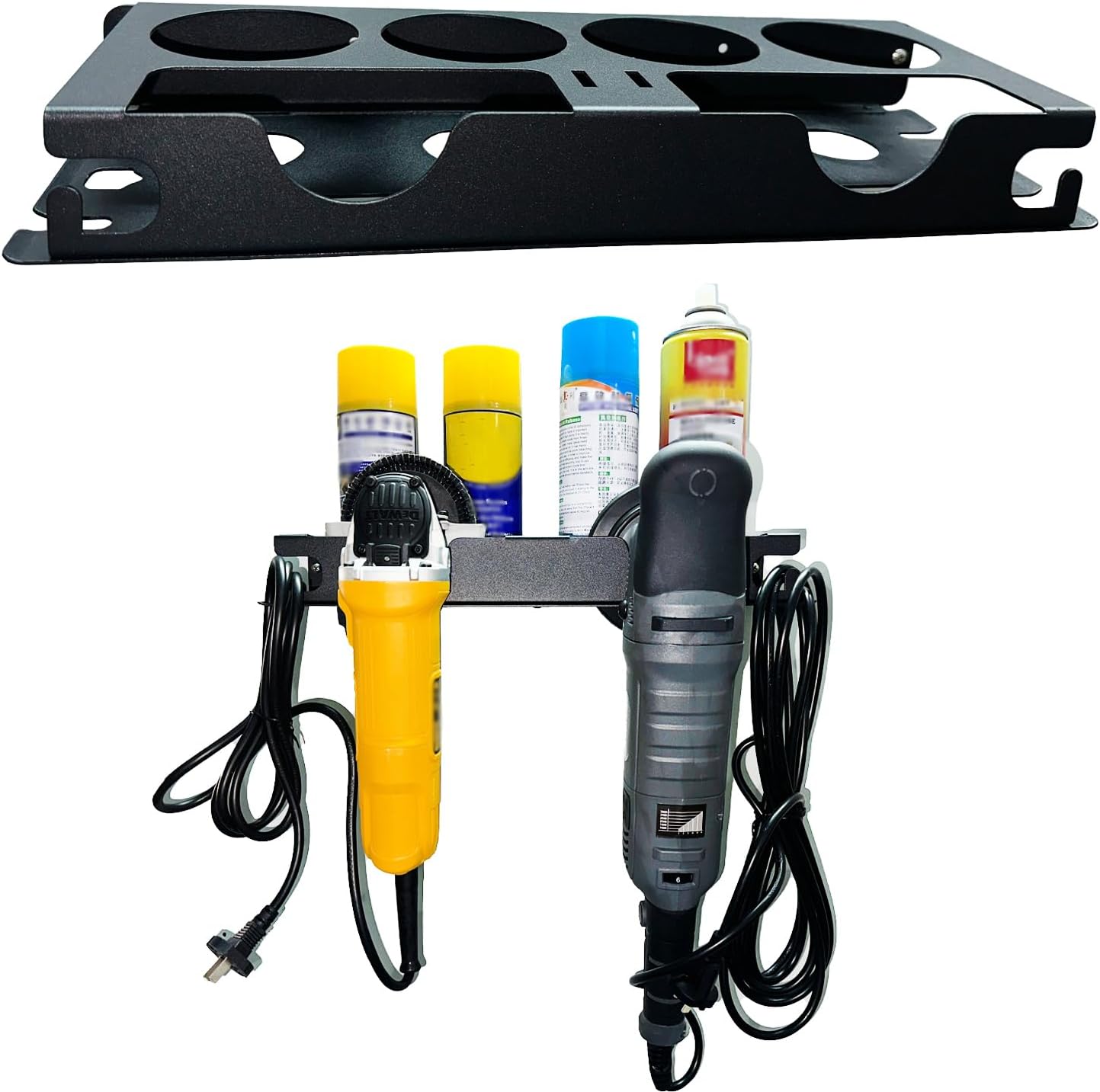 Spray Bottle Storage Rack with Angle Grinder Holder, 2 Slot Polisher Holder & 4 Slot Spray Bottle Holders, 1 Set Multifunctional Storage Rack for Garage and Workspace