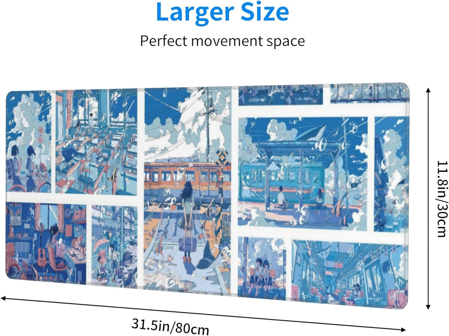 Anime Style Youth Campus Large Mouse Pad, Blue Fantasy Gaming Desk Mat, XL Keyboard Desk Pad Mat for Desktop, 31.5"x11.8" Non-Slip Base Big Mousepad with Stitched Edges