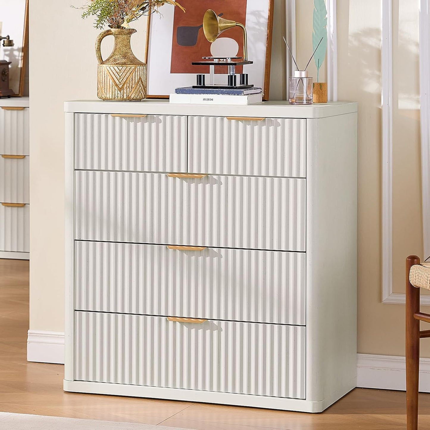LEYAOYAO Fluted 5 Drawers Dresser for Bedroom Set of 2, 34" Tall Modern Chest of Drawers with Metal Handle, Curved Profile Design,White Wood Drawer Organizer for Bedroom, Living Room, Hallway