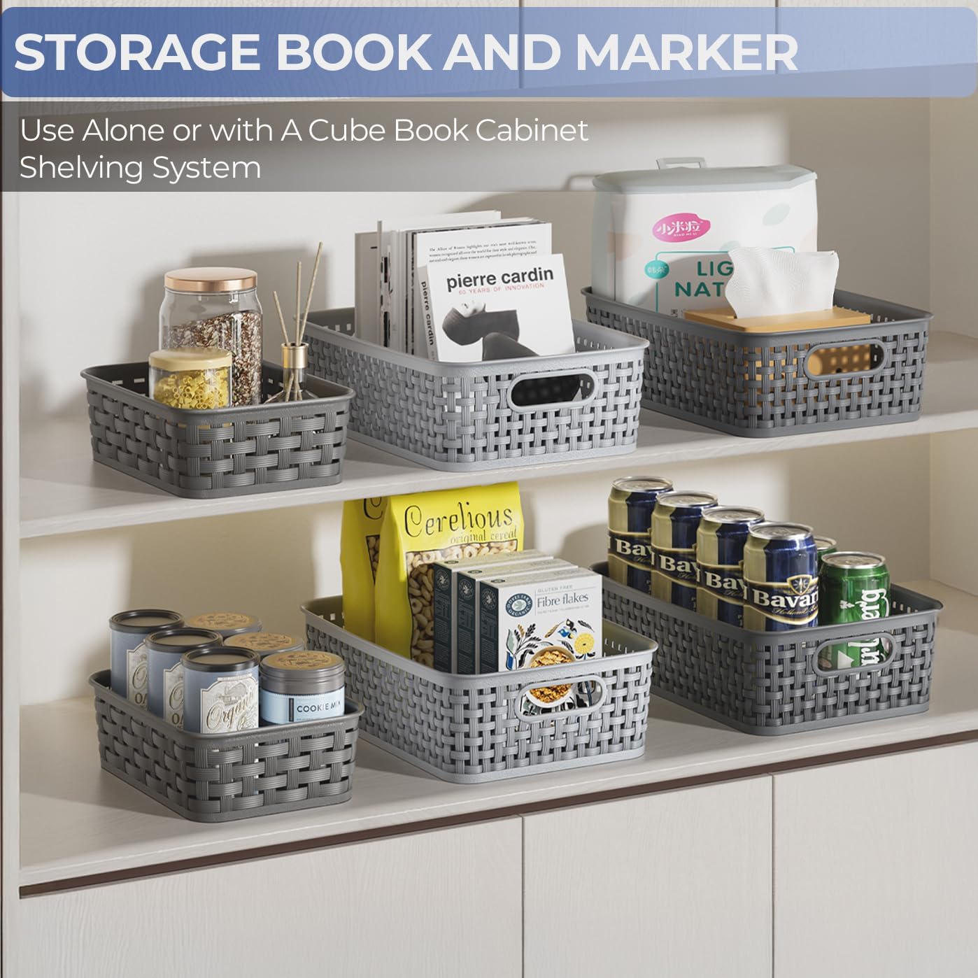 3 Pack Small Plastic Basket, Storage Bin Baskets for Organizing, Pantry Organizer Household Wicker Storage for Laundry Room, Bedrooms, Kitchens, Cabinets, Countertops, Dark Gray