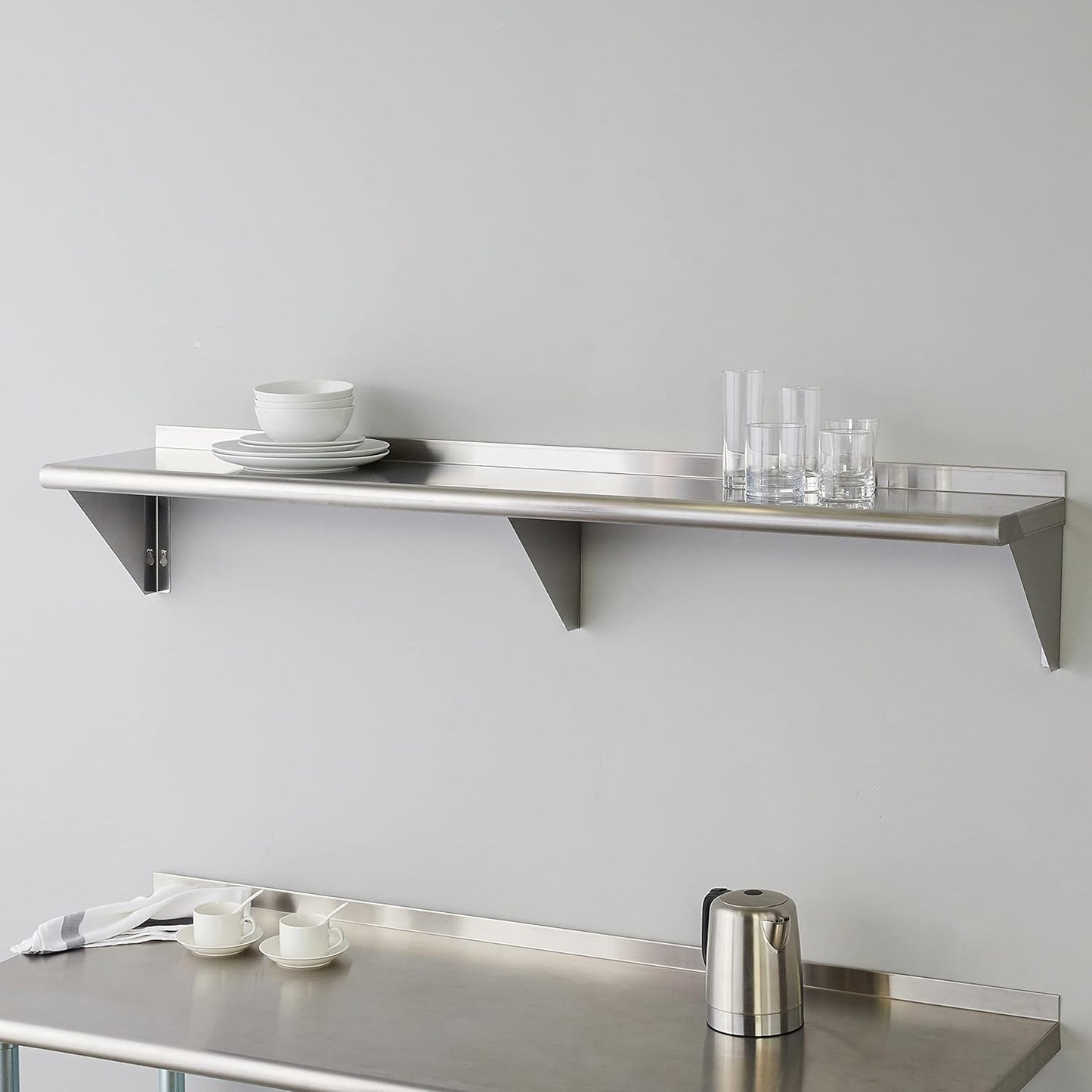 ROCKPOINT Stainless Steel Shelf 12 x 60 Inches 400lb, NSF Metal Commercial Shelves Wall Mount Floating Shelving with Backsplash for Restaurant, Kitchen, Home and Hotel, Silver