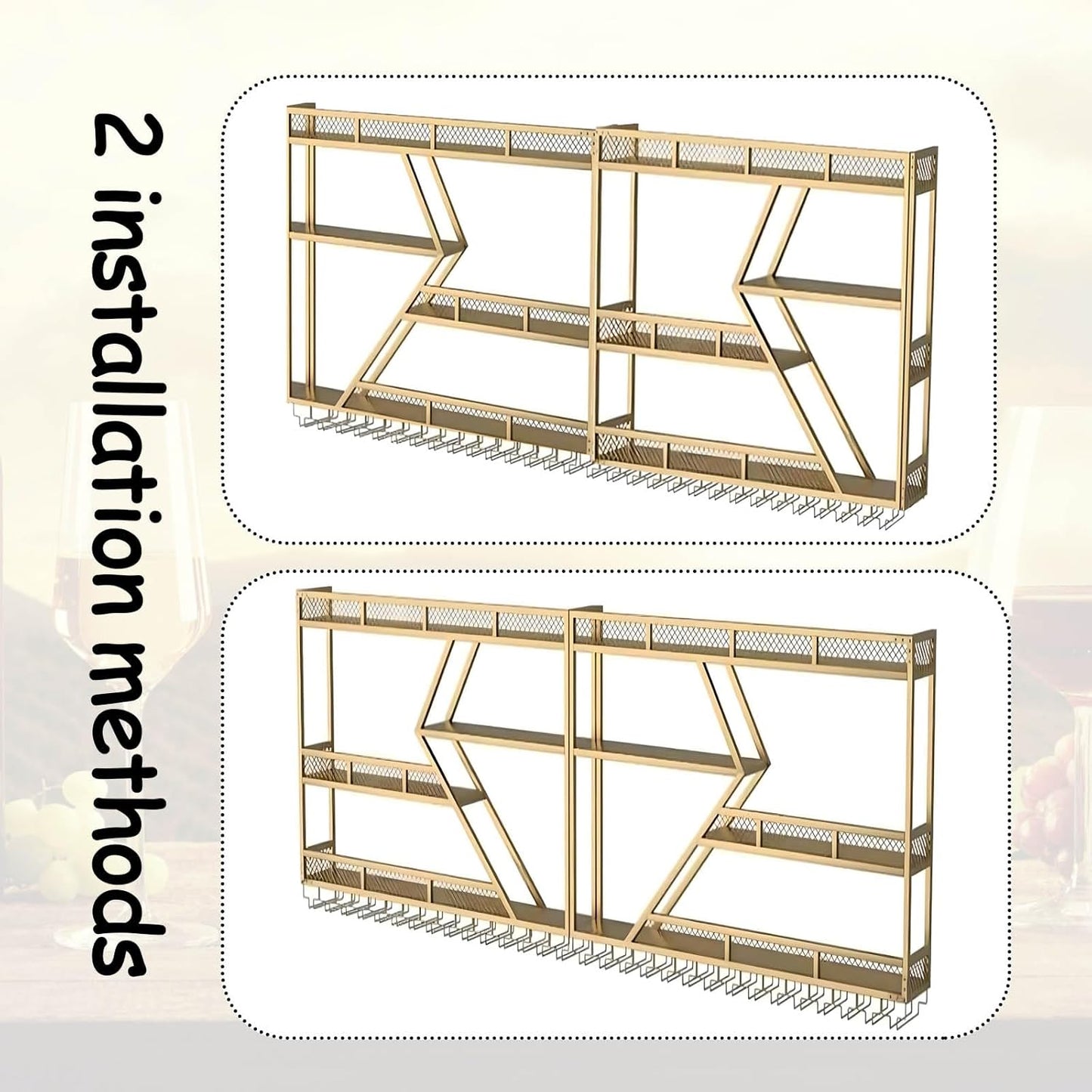 63in Large Wall Mounted Wine Rack 3 Tier Metal Wine Bottle Holder Modern Diamond Design Floating Bar Liquor Bottles Storage Rack for Home Restaurant Bar Decorative (Gold, 3 Tier - 63in)