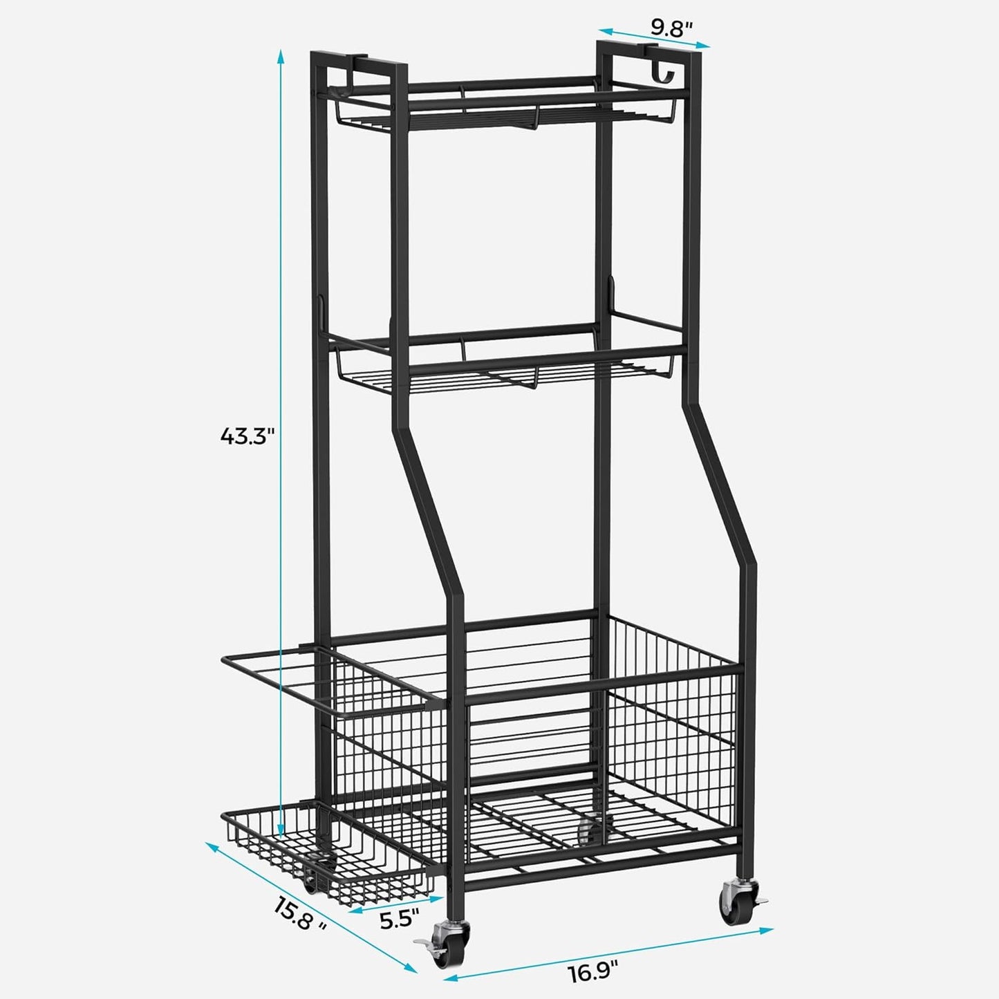 Sports Equipment & Toy Storage Rack with Wheels, 3-Tier Ball Organizer for Balls, Rackets & Sports Gear, Large Capacity with Racket Slots & Hooks, for Garage, Home Gym or Backyard – 17" W