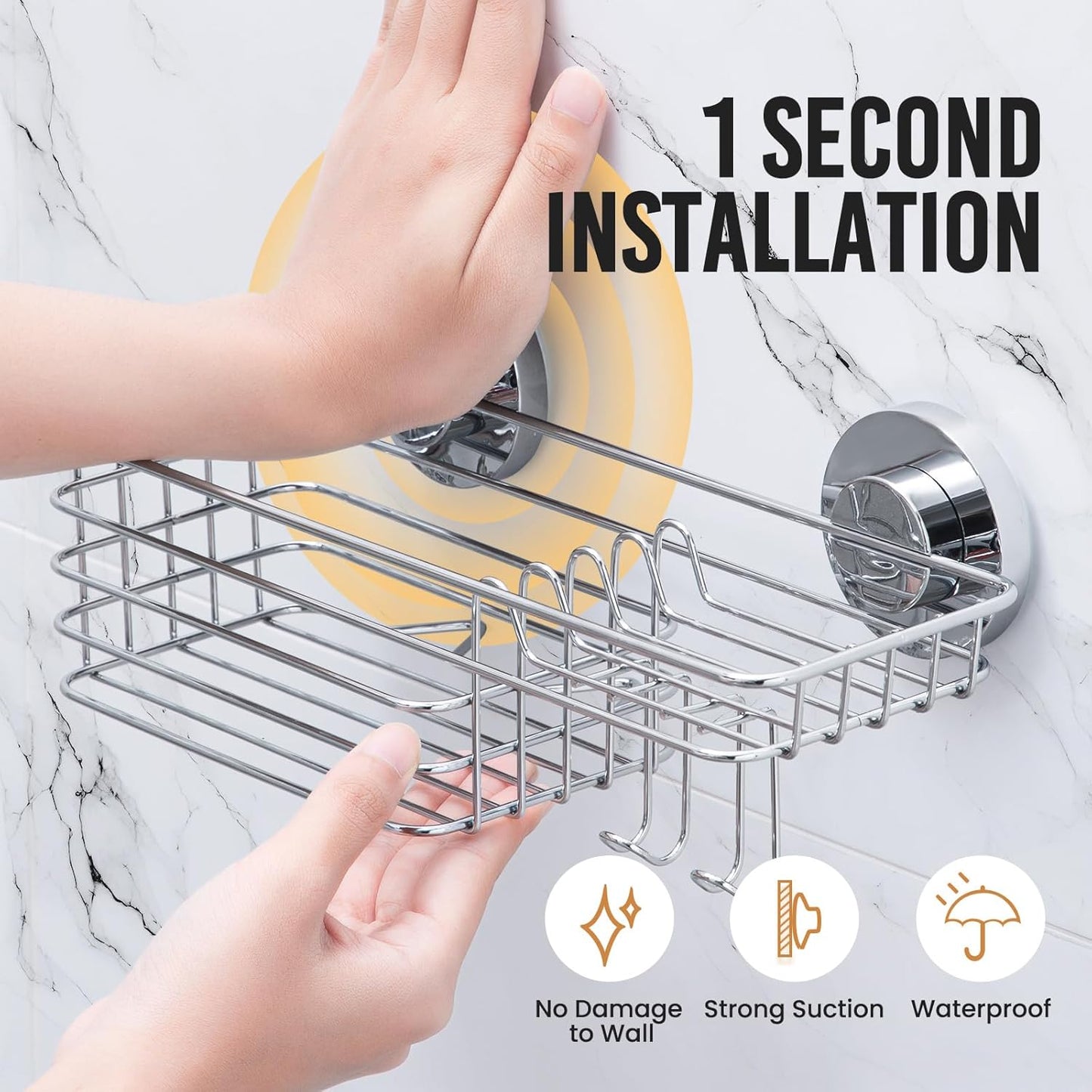 LEVERLOC Shower Caddy Suction Cup, 2 Pack Heavy Duty Bathroom Organizer for Inside Shower with Hooks & Soap holder, Removable and Rustproof Silver bathroom Holder Storage