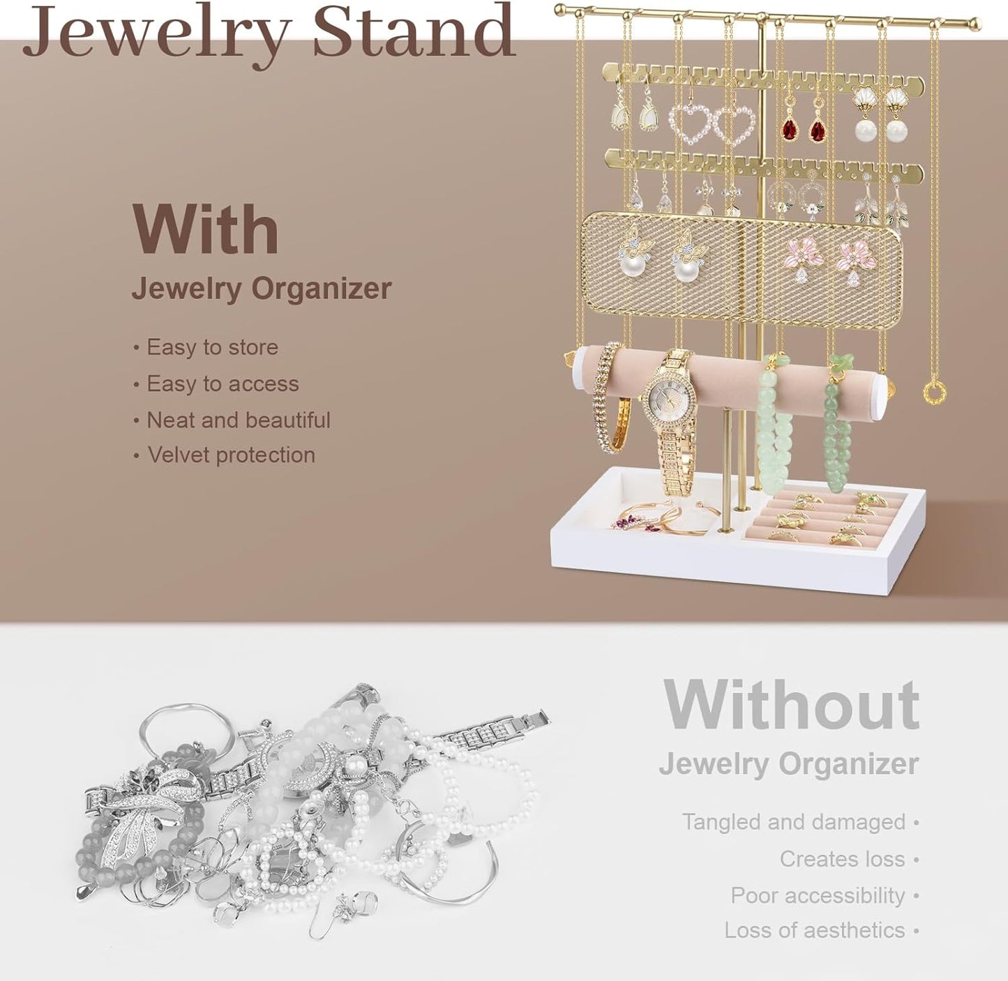 Hyber&Cara 3 Tier Jewelry Display Stand with Tray Jewelry Organizer Gold Jewelry Holder Stand for Bracelet Necklace Earrings Rings