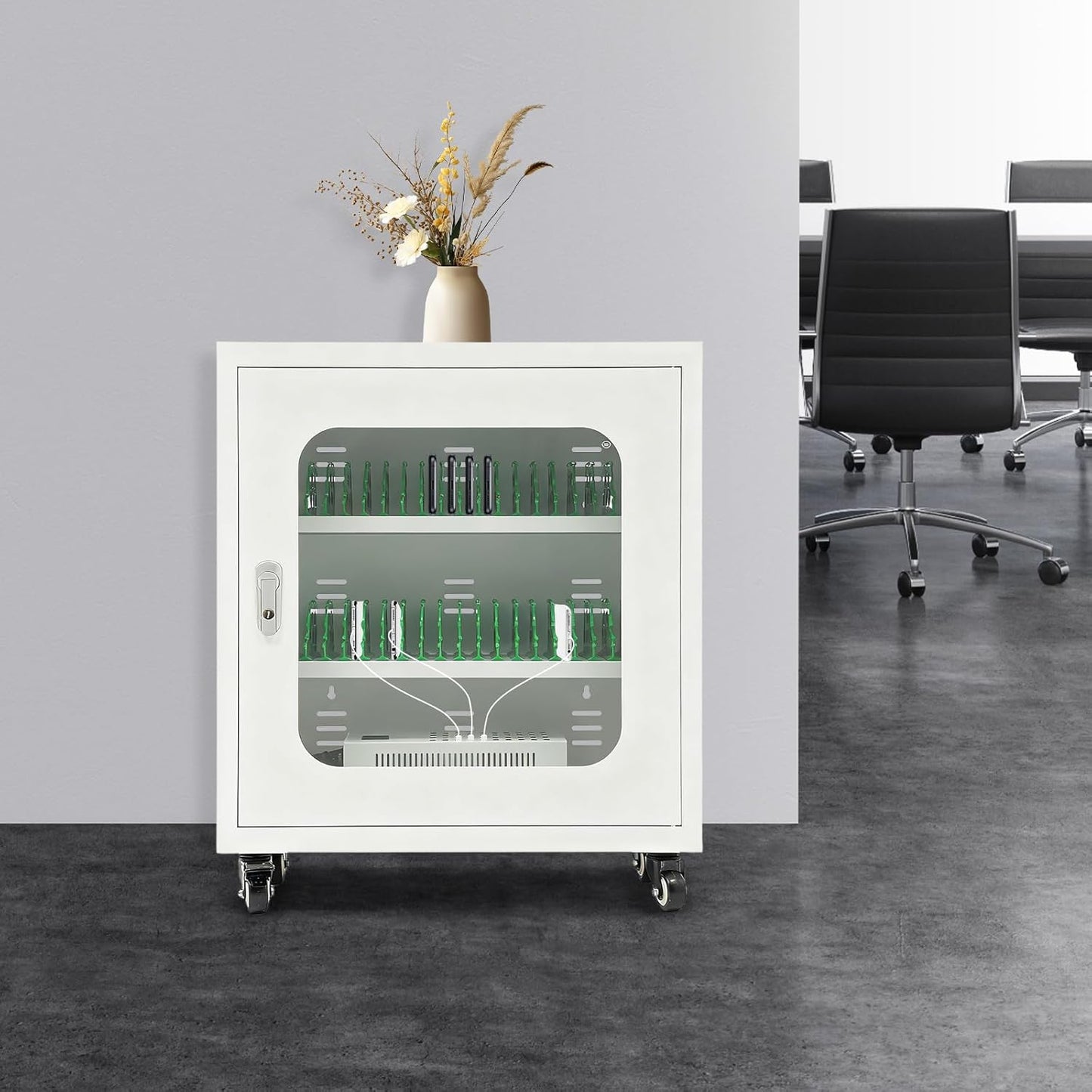 Mobile Phone Charging Cabinet 40-Port Charge Station with 4 Universal Wheels (2 Brakes) & Visible Door 40 Device Charging Cart Mobile Charge Station for Cell Phones Less Than 8'' In Size(White)