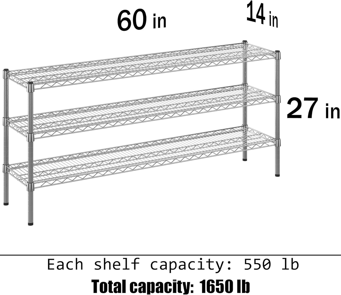 14" Deep x 60" Wide x 27" Height Wire Shelving Kit | 3-Tier | NSF Commercial Storage Rack Unit