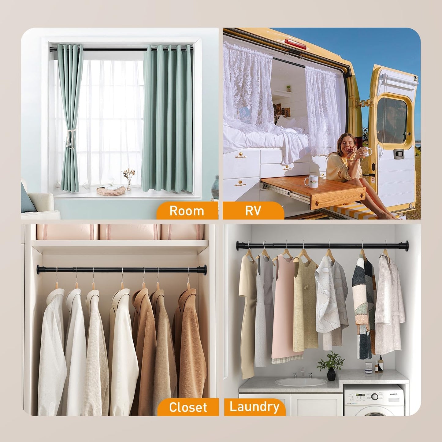 Black Adjustable Closet Rod 18-92 Inches, Heavy Duty Metal Clothes Hanging Rod, Rust-Proof Non-Slip Wardrobe Bar for Closet, Laundry Room, RV