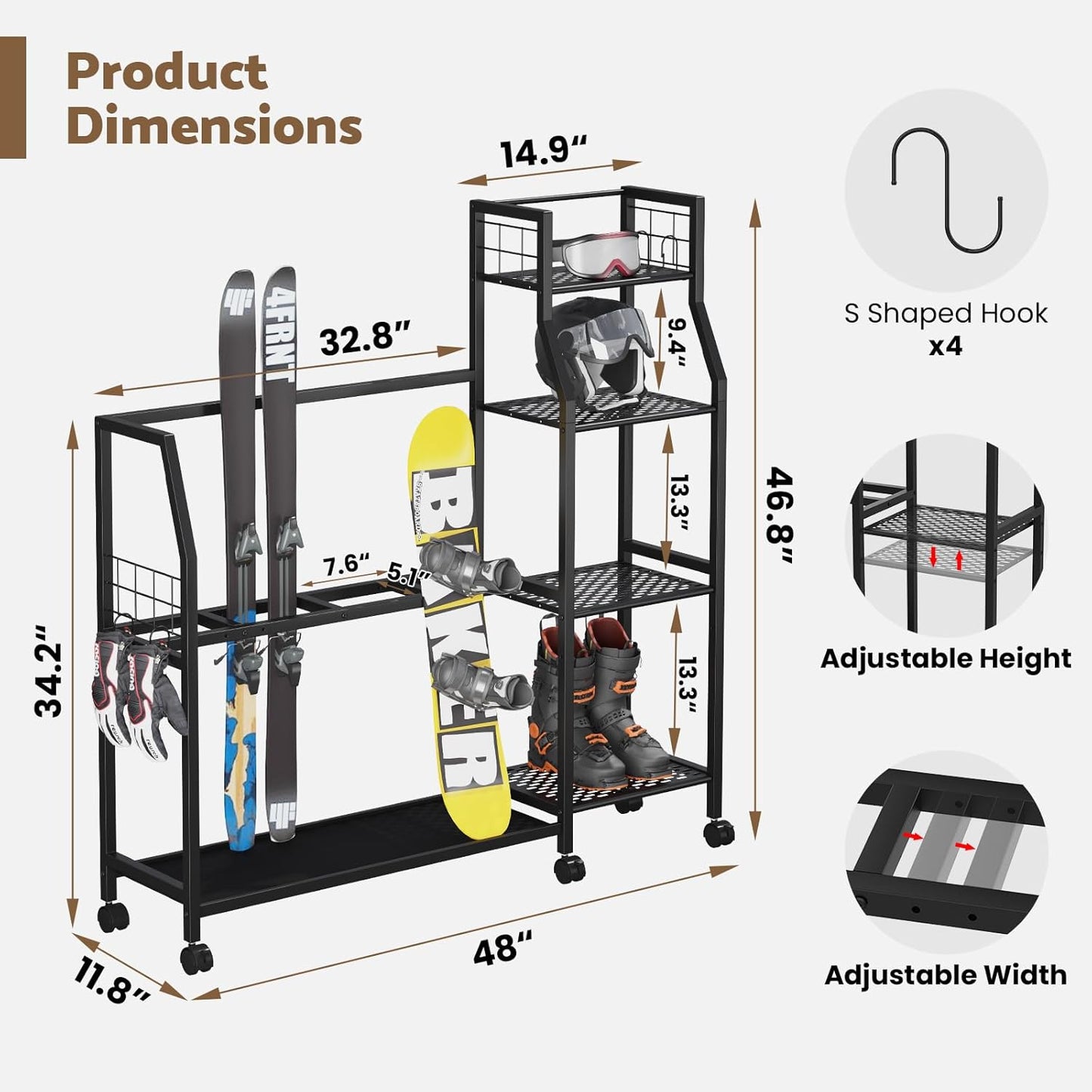 4-Tier Freestanding Snowboard Rack for 4 Pairs of Skis, 3 Snowboards, Boots, Poles, Goggles, Helmets, Ski Storage Rack with Adjustable Shelves, Snowboard Stand for Home, Garage