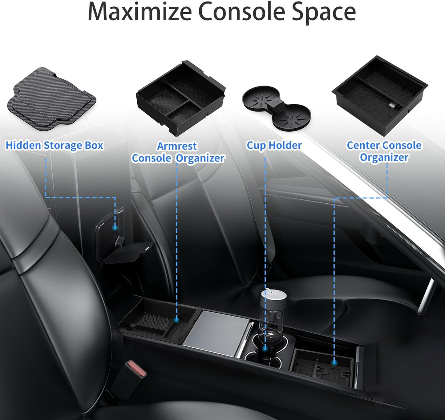 4PCS Upgraded Tesla Model Y Juniper (2024–2026) Accessories & Tesla Model 3 (2025 Highland) Accessories Center Console Organizer, Hidden Storage Box, Cup Holder, and Armrest Drawer Organizer