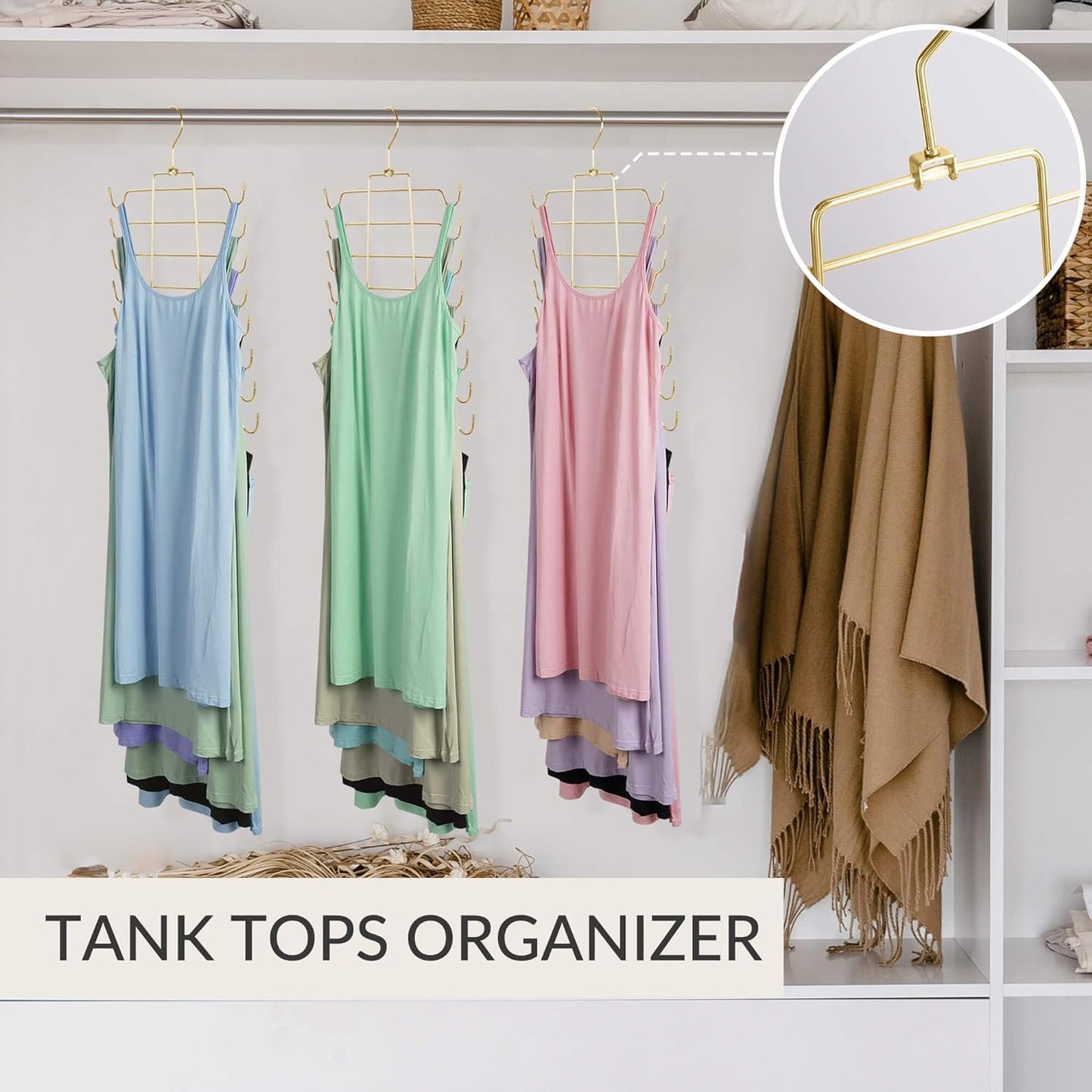 ZEDODIER 3 Pack Tank Top Hanger Space Saving, Bra Hangers for Closet Organizer, Hanging Bra Organizer Tank Tops Holder with 24 Hooks, Metal Closet Organizers and Storage Small Space Solutions, Gold