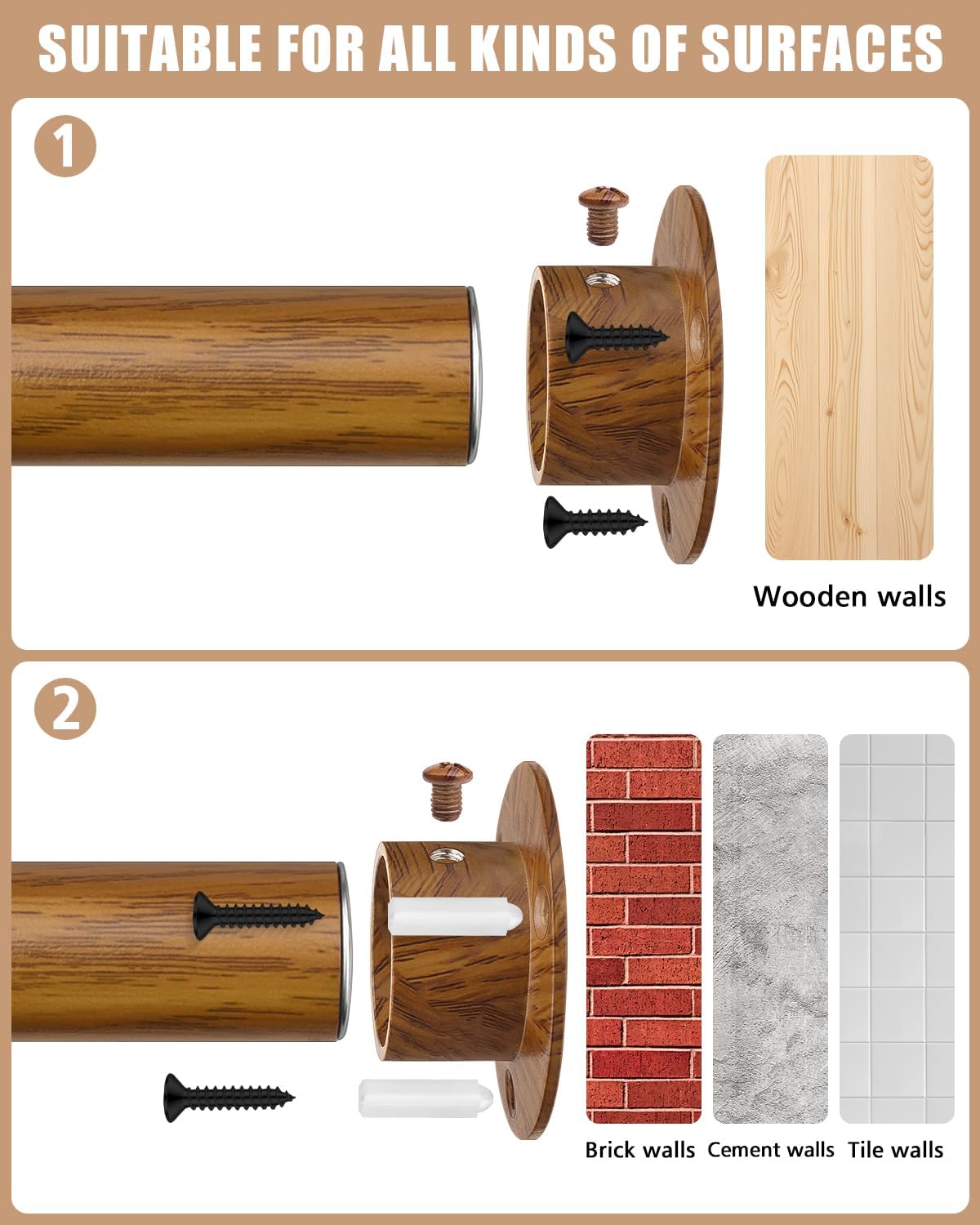 Closet Rods for Hanging Clothes, 17-28 Inch Heavy Duty and Stepless Adjustable Closet Poles, Stainless Steel Closet Hanging Rod for Wardrobes, Laundry Room, Bathroom, RV (Wood-Grain Finish)