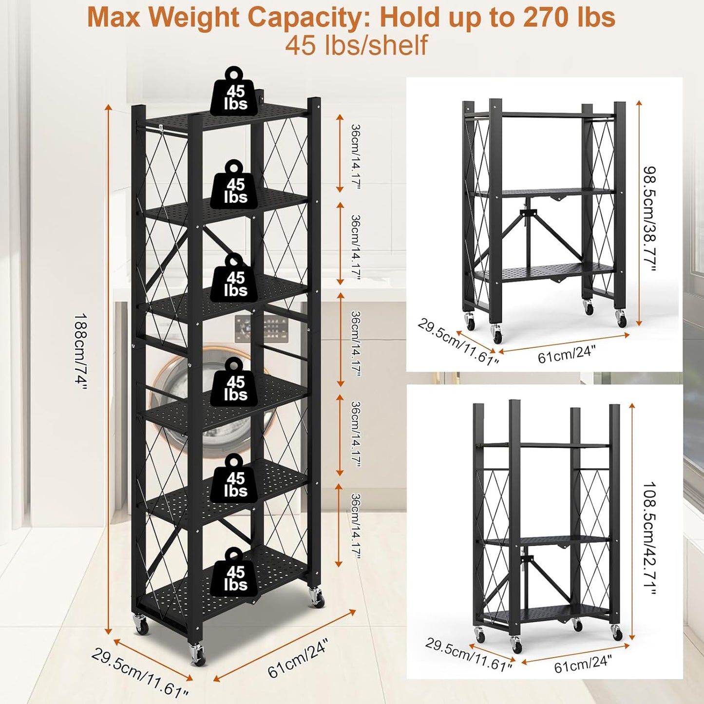 6-Tier Foldable Storage Shelves with Wheels, Folding Metal Shelf Unit, Folding Bookshelf no Assembly, Collapsible Shelves for Craft Shows for Kitchen, Bedroom, Living Room, Black