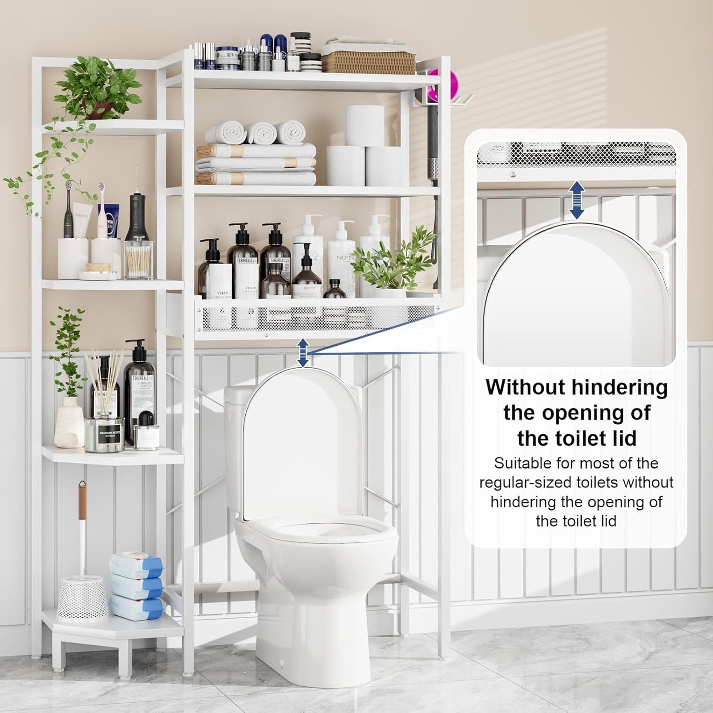 K1 Heavy Duty 7-Tier Over The Toilet Storage（With Basket and Paper Hook）Freestanding Above Toilet Shelf with Adjustable Feet，Space Saver Bathroom Shelves 9.3"D x 33.5"W x 63.8"H，Beige White