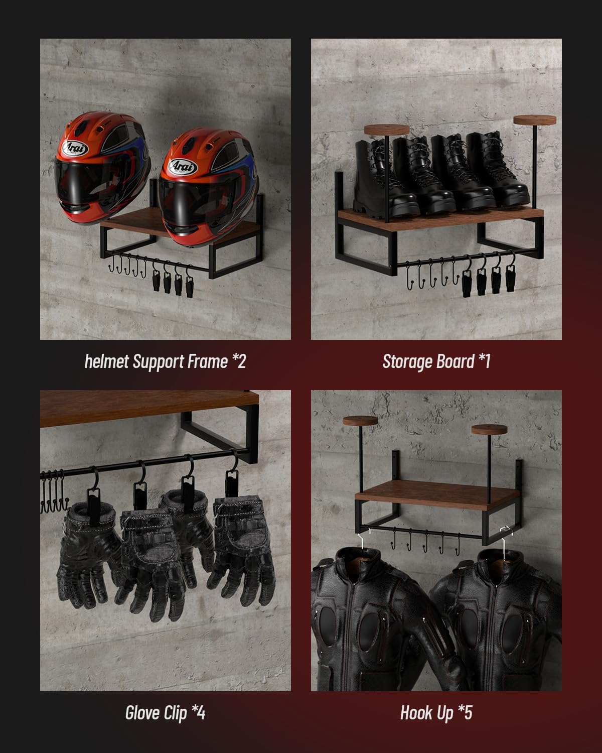 Vieshful Motorcycle Helmet Holder Wall Mount, Helmet Organizer Rack with 1 Layer Wooden Boards and 2 Hat Stands, Helmet Hanger for Motorcycle Accesories Storage with 4 Glove Chips and 5 hooks