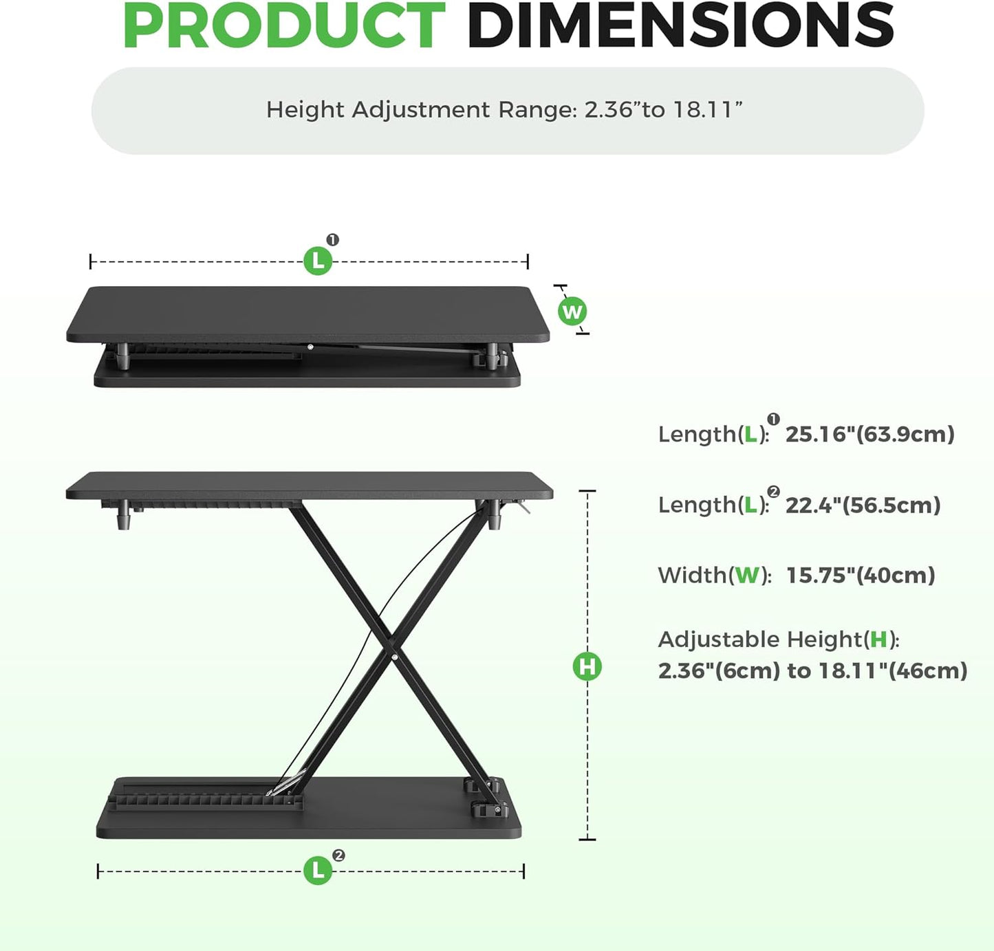 Standing Desk Converter Adjustable Height, 25.16" × 15.75" Height Adjustable Desktop Riser, No Assembly Required, Desktop Workstation for Laptop, Monitor and Office Use (Black)