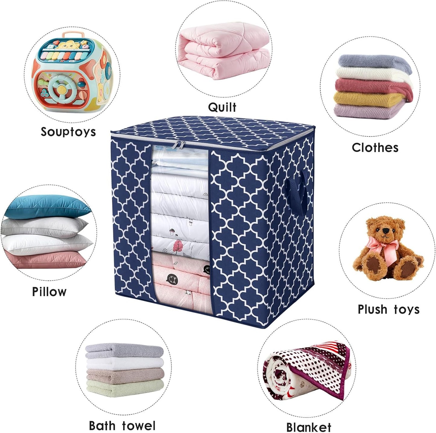 WISELIFE Storage Bags 3 Pack/100L Large Blanket Clothes Organization and Storage Containers for Comforters,Bedding, Foldable Organizer with Reinforced Handle, Clear Window, Sturdy Zippers,Blue