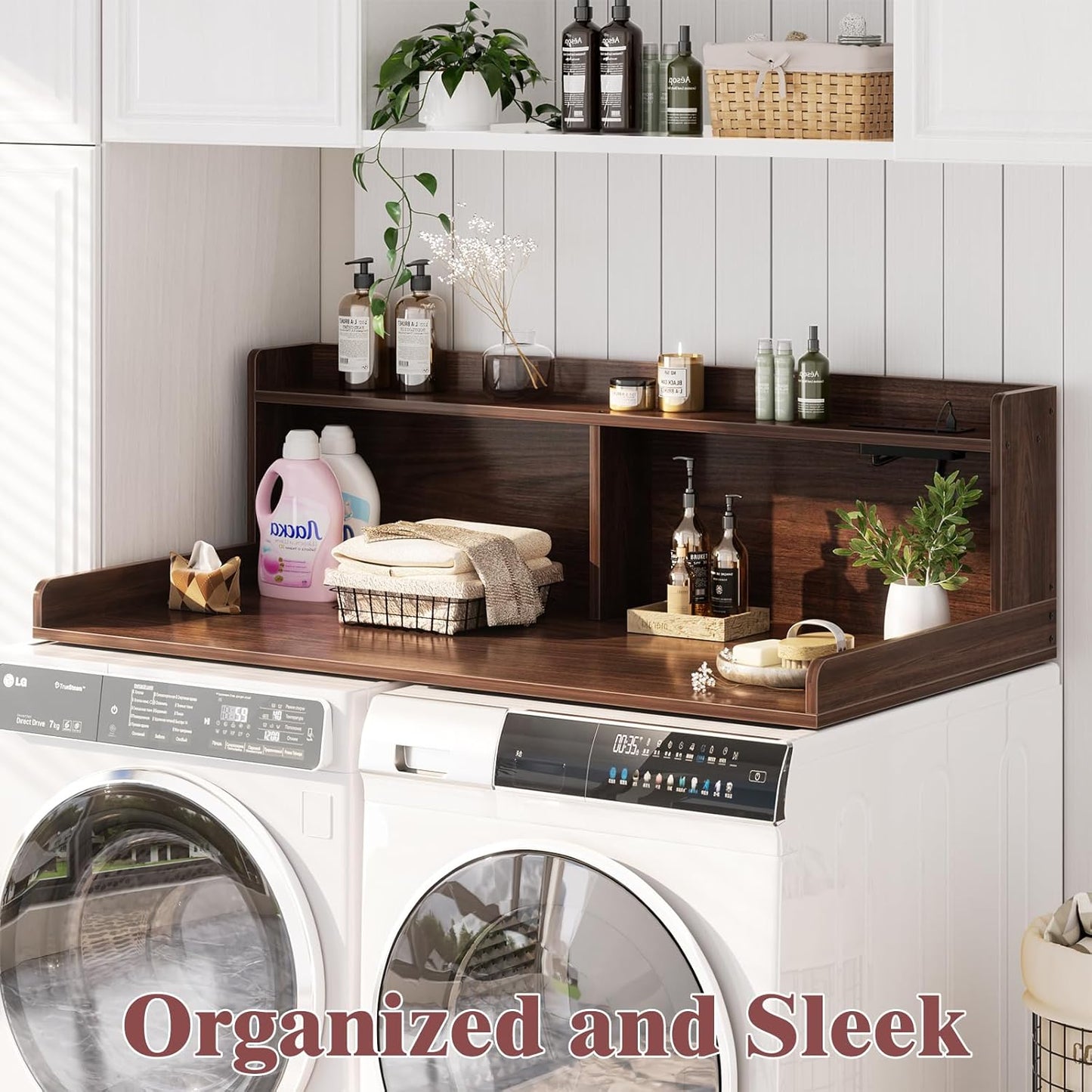 Aheaplus Washer and Dryer Countertop, 2-Tier Laundry Countertop Cover with LED Lights and Power Strip, Large Space Laundry Topper with Shelf for Laundry Room Organization, Brown