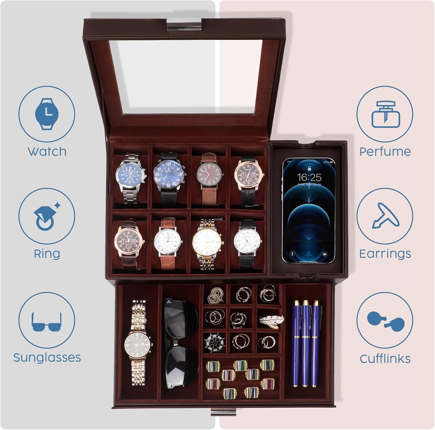 Dajasan Watch Box, Watch Case with Glass Lid, 8 Slot Watch Display Case, Large Watch Holder Organizer, Watch Storage Case for Men Women Boys Husband Dad, Gift Idea, PU Leather (Brown)