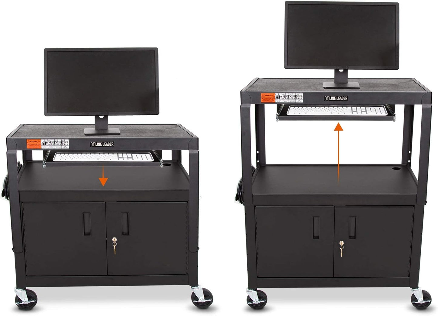 Line Leader Large AV Cart with Locking Cabinet | Height Adjustable Utility Cart with Pullout Keyboard Tray & Cord Management | UL Safety-Certified Computer Cart | Easy Assembly (32 x 18 x 42in)
