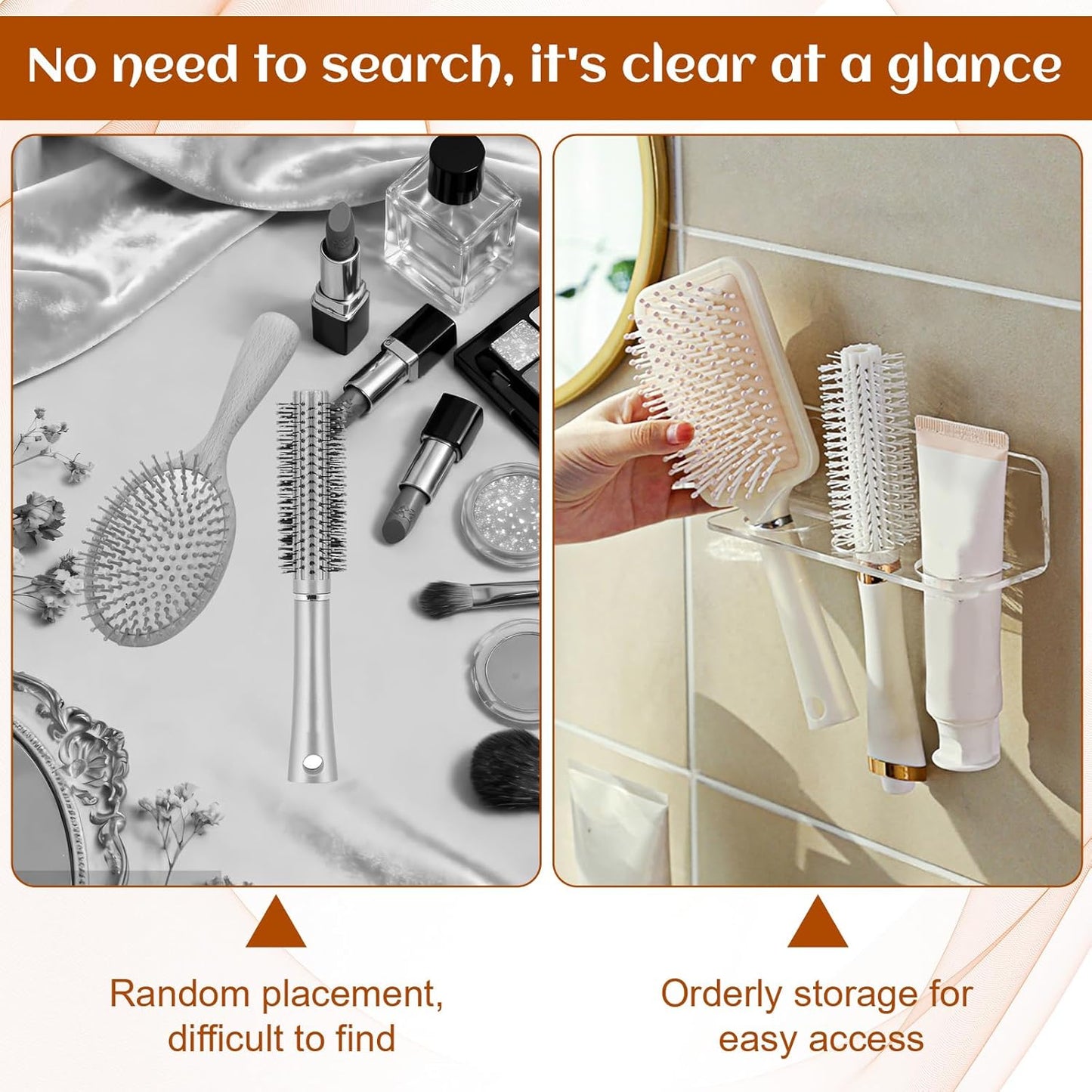 2pcs Acrylic Hair Brush Holder for Bathroom Adhesive Hair Tool Organizer Transparent Wall Mounted Comb Holder Organizer with 3 Holes No Drilling for Combs, Curling Irons, Flat Irons