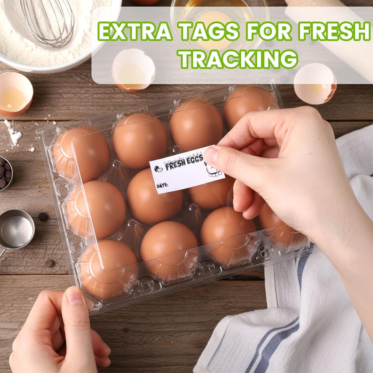 LOVEINUSA 100 PCS 12 Count Plastic Egg Cartons, with 105PCS Date Labels, Bulk Cheap Clear Reusable Egg Holder for Fresh Medium Eggs Storage, Suitable for Farms, Families, Markets Display