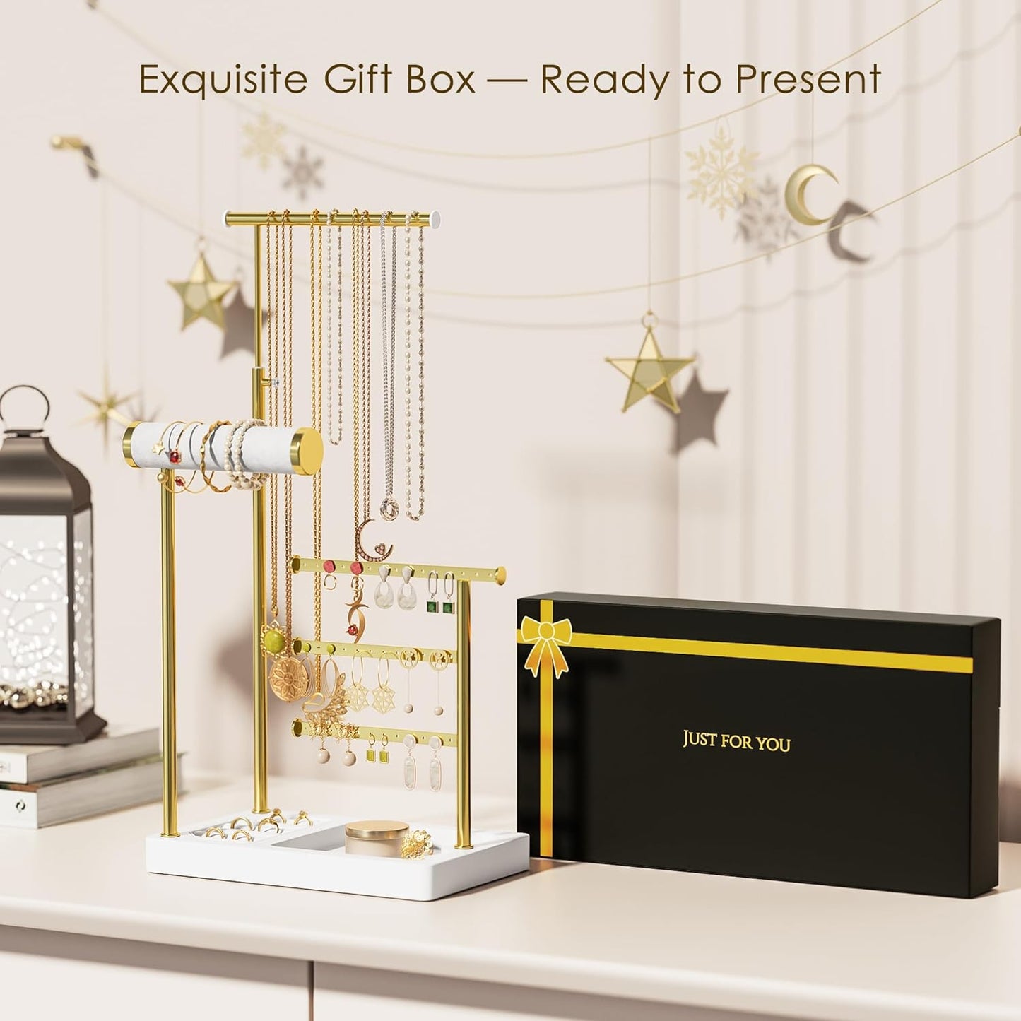 SZQINJI 5 Tier Jewelry Holder Organizer, Gold Jewelry Stand with Velvet Bracelet Holder, Adjustable Height Jewelry Display for Necklaces, Bracelets, Earrings, Rings, Gift Idea for Women, White