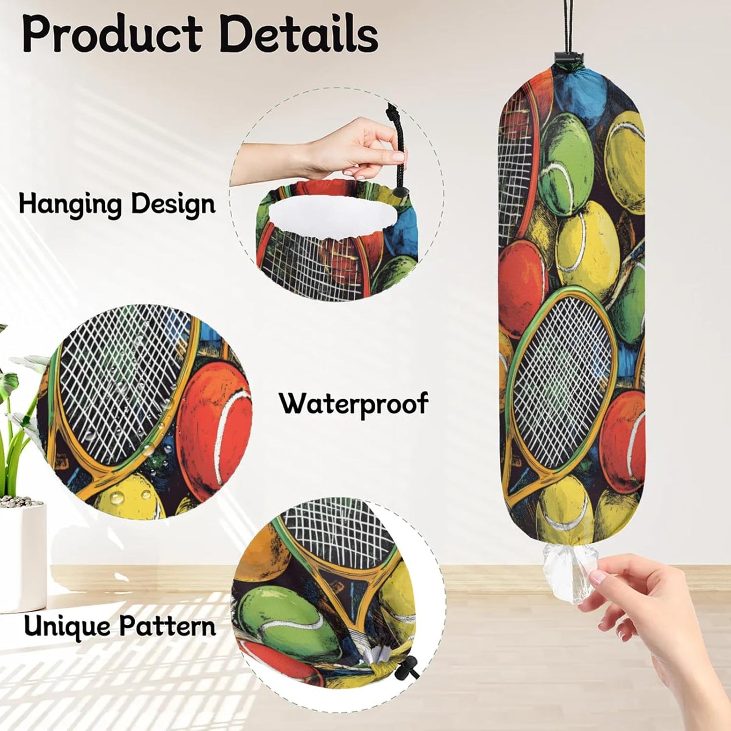 Sport Tennis Plastic Bag Holder 2 Pcs Grocery Bag Organizer Reusable Trash Bags Organizer Wall Mount Washable Kitchen Dispenser Holders with Drawstring Closure