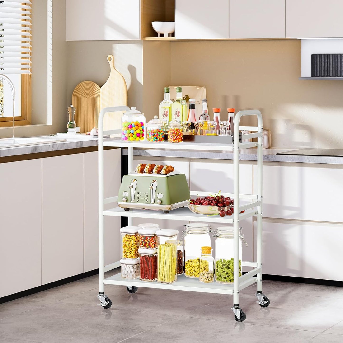 HDANI 3 Tier Metal Utility Multipurpose Rolling Cart,Large Capacity Heavy Duty Rolling Cart with 2 Lockable Wheels for Home,Office,Kitchen,Bathroom,Bedroom,White