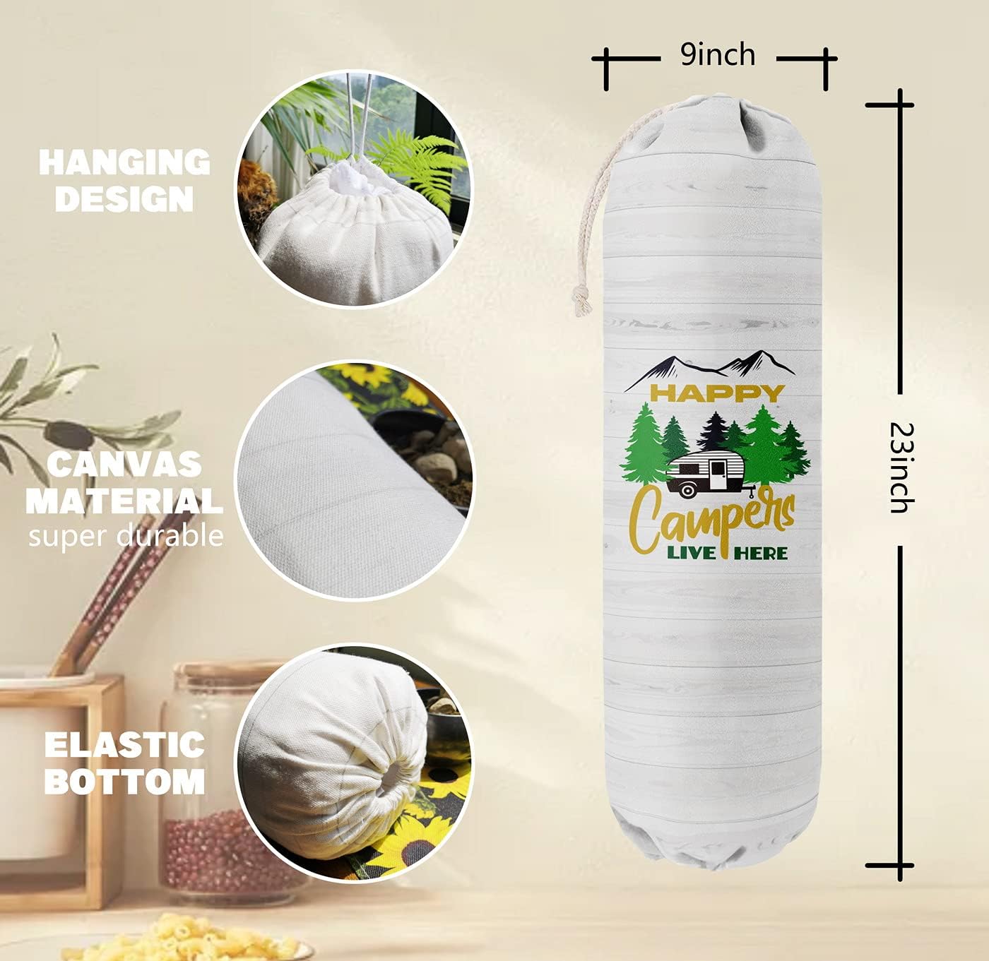 Happy Campers Grocery Bags Holder Organizer, Wall Mount Plastic Bags Storage Container Dispenser, Gift For Family And Friends