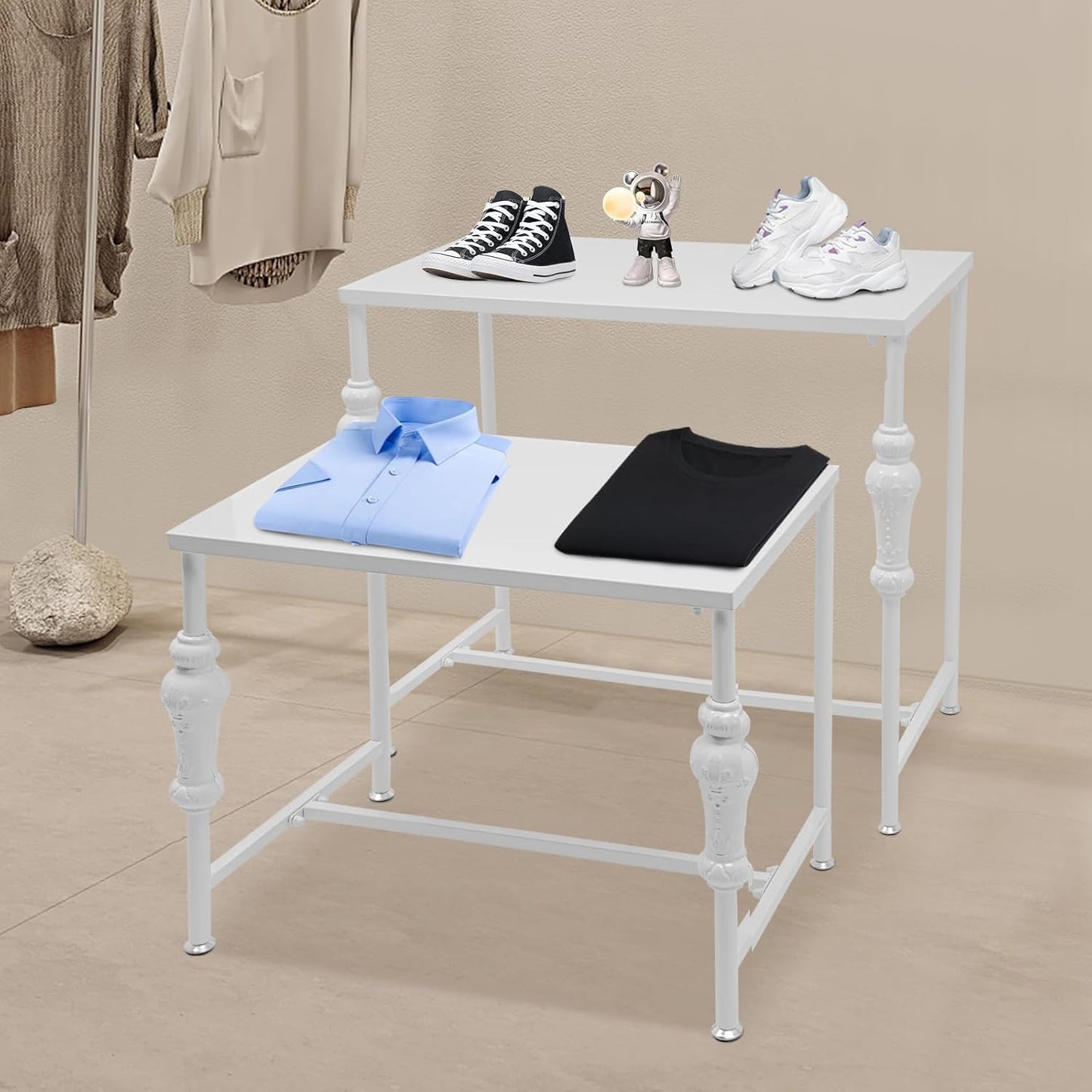 2Pcs Retail Display Tables, Shoe Handbag Display Stand Nesting Tables Set Heavy Duty Purse Display Risers for Home Boutique Retail Store (White)