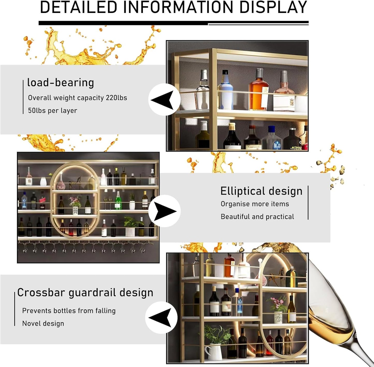 Large Wall Mount Wine Rack, Metal 4 Tier Large Capacity Hanging Bar Rack with Wine Glass Holder, Oval Wine Bottle Storage Display Rack for Kitchen, Living Room, Home (Gold, 180cm/71in)