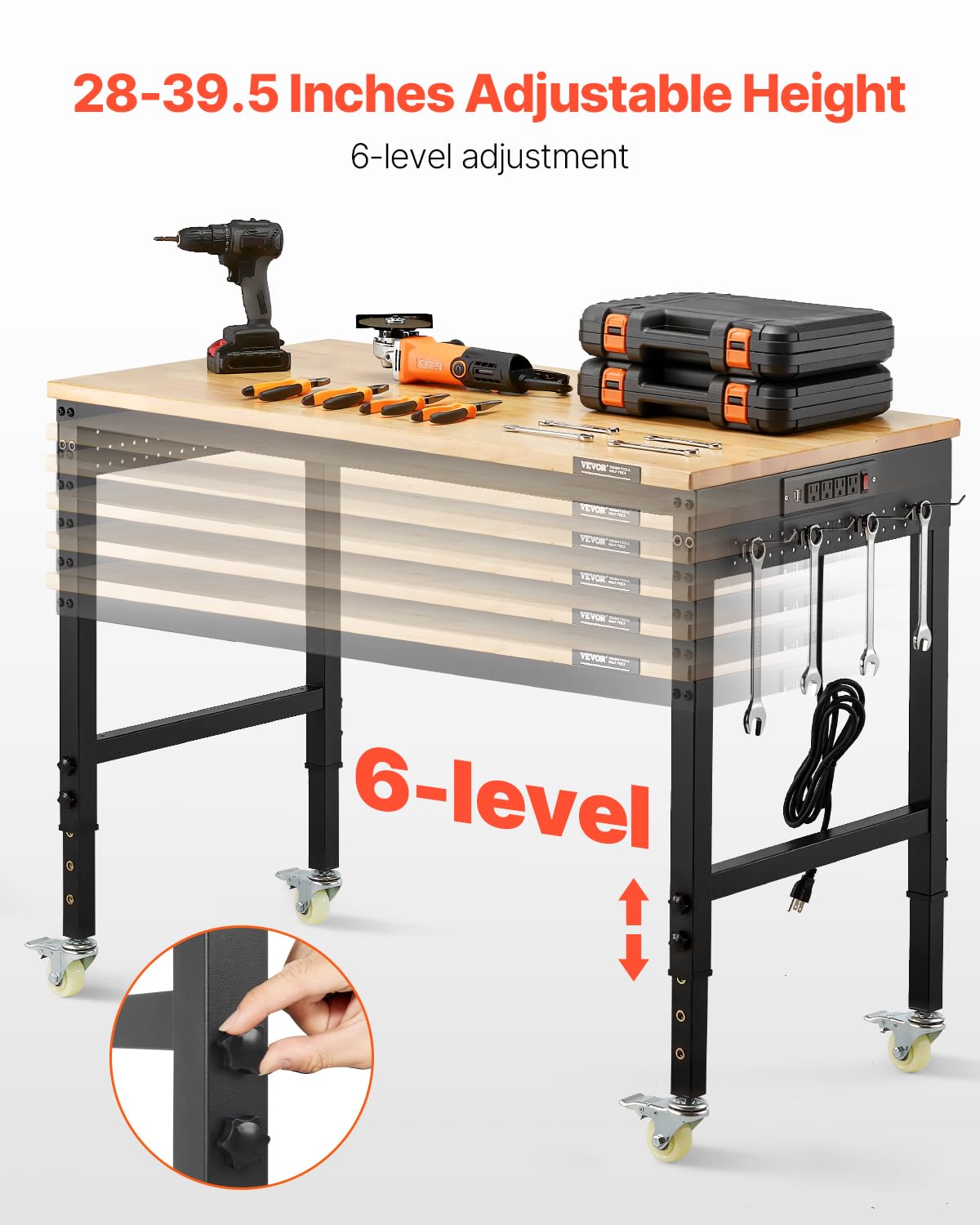 VEVOR Adjustable Workbench, 48-Inch Work Bench with Power Outlet, Wheels, and Pegboard, 2000 lbs Load Heavy Duty Oak Wood Top Work Table for Garage, Workshop, Office, and Home