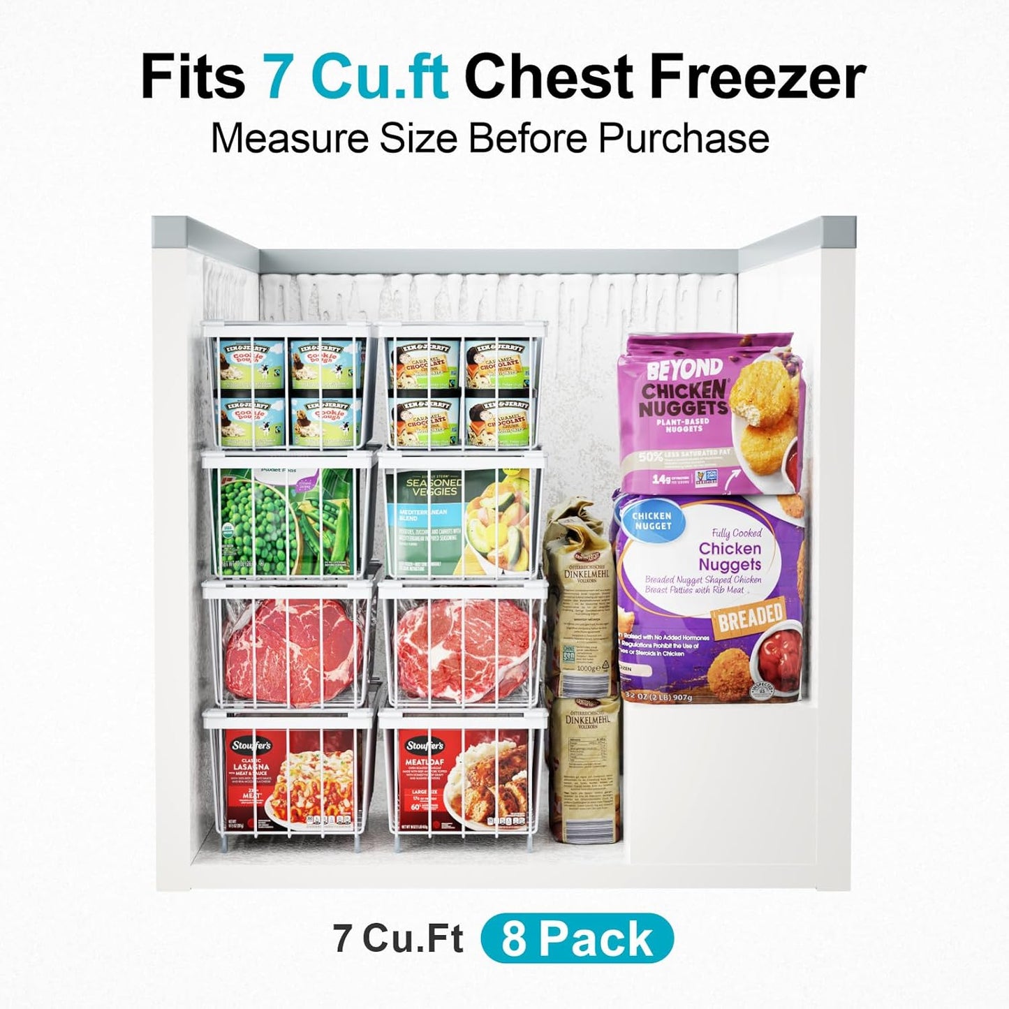 iSPECLE Chest Freezer Organizer Bins - 8 Pack Small Stackable Deep Freezer Organizer Bins for Most 7 Cu.FT Freezer Sort Frozen Meats, Freezer Storage Bins Easy Access Food without Digging, White