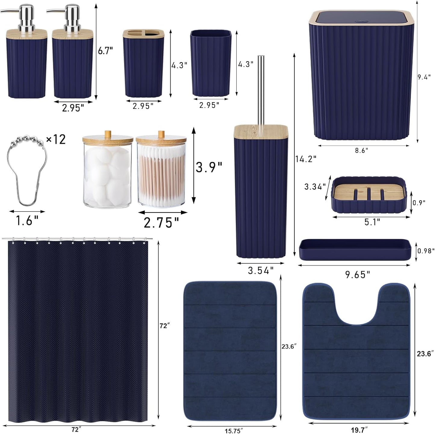 Bathroom Set - 25PC Blue Bathroom Set with Shower Curtain and Rugs, Bathroom Accessories Set, Blue Shower Curtain Set with Bathroom Trash Can