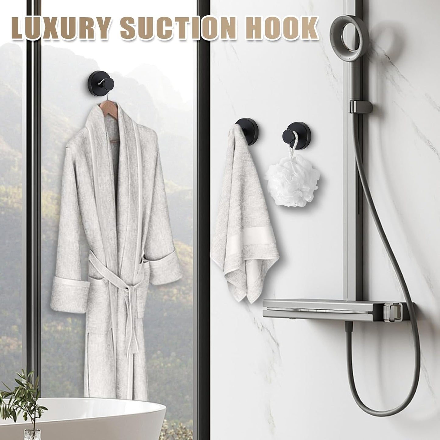 Suction Cup Hooks for Shower No-Drill Bathroom Hooks for Towels, Robes, Loofah Mountable on Bathroom Walls, Kitchen, Glass, Mirrors, Tile and Smooth,Non-Porous Surfaces (2, Matte Black)