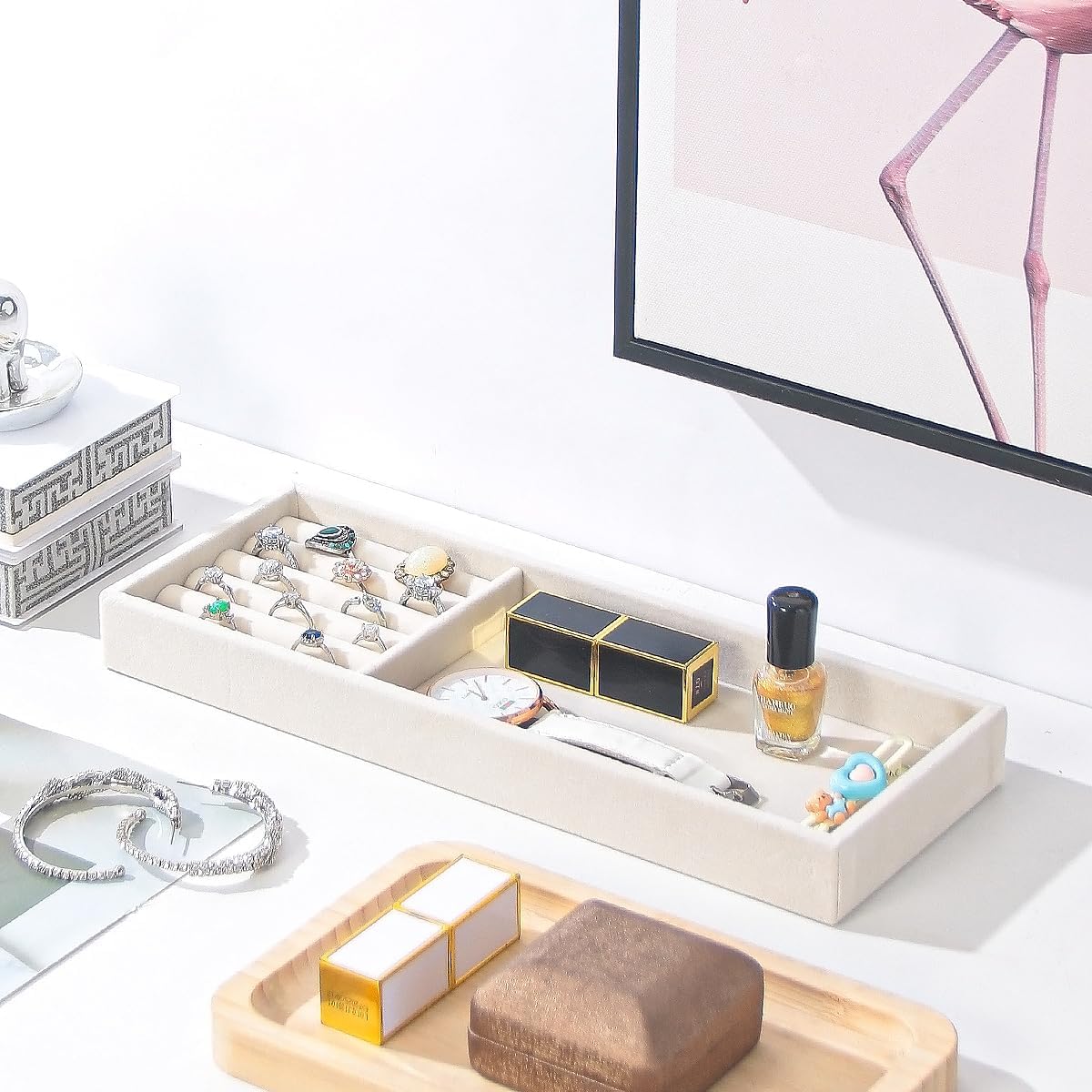 2Pcs Desk Drawer Storage Tray, Nightstand Organizer, Necklace Bracelet Ring Earring Jewelry Display, Grid Table Organizer Holder for Sunglass, Phone, Watch, Perfume (2 grid)/Beige