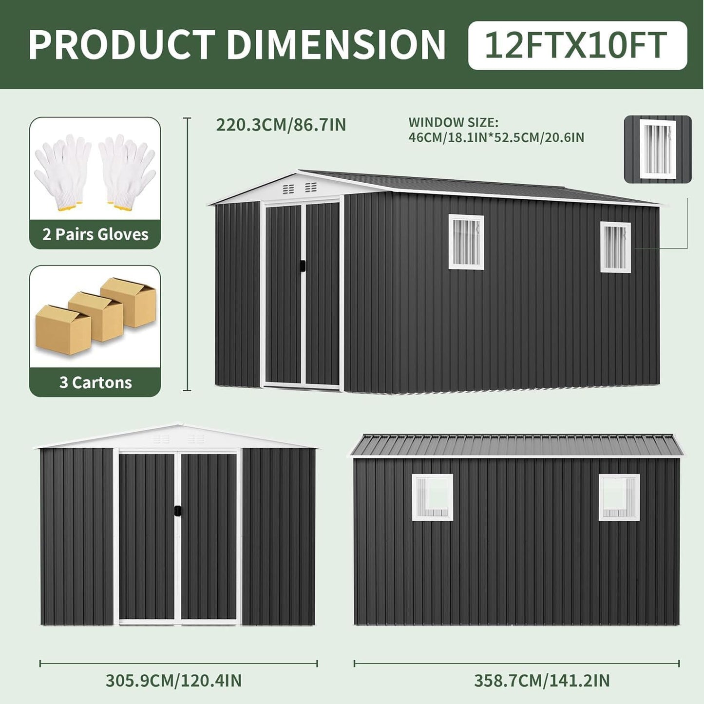 12FT x 10FT Outdoor Storage, Metal Anti-Corrosion Utility Tool House with Lockable Door & Shutter Vents，Outdoor Waterproof Garden Tool Storage Sheds