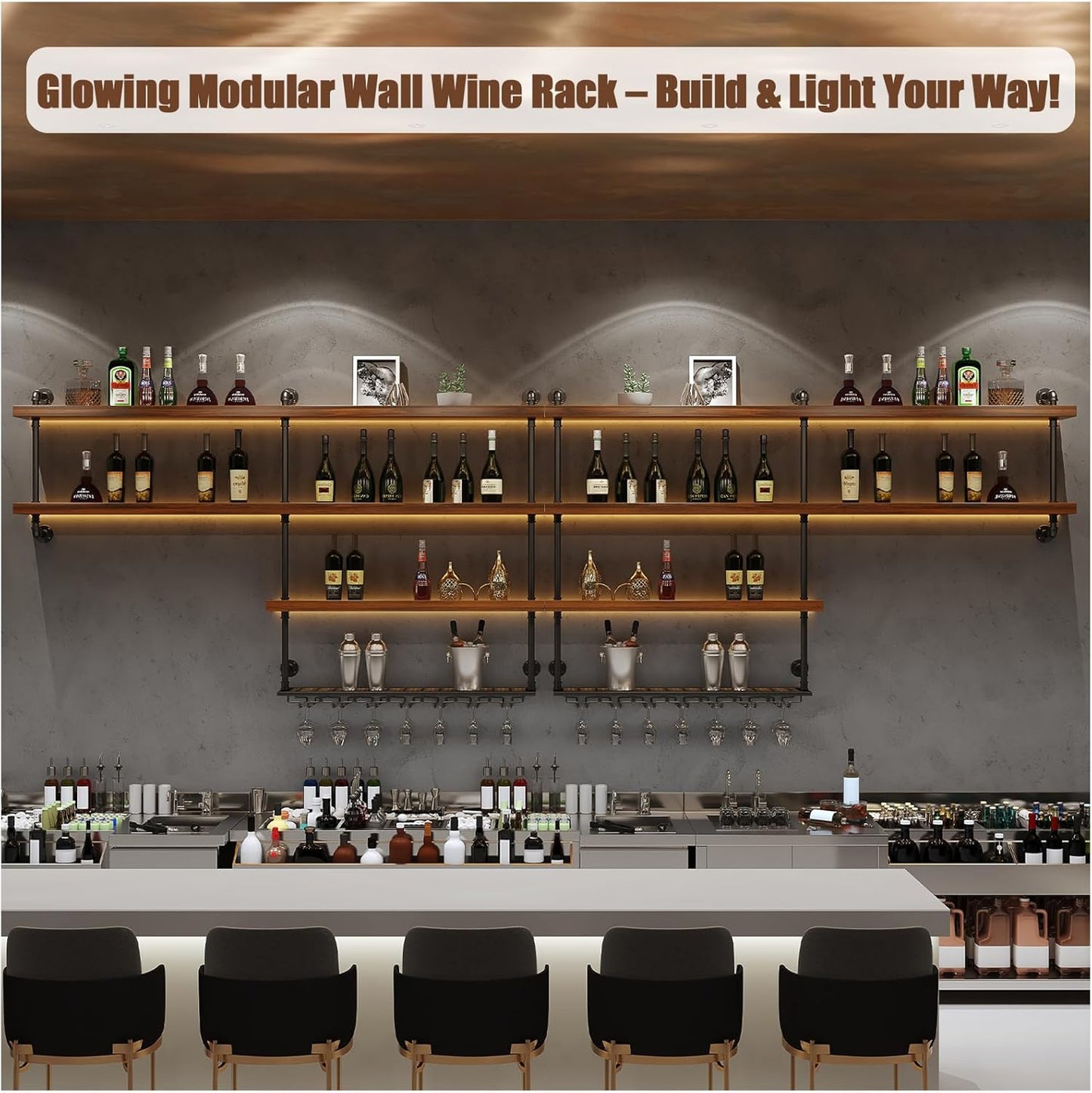 Solid Wood Wall Mounted Wine Rack, Large Wine Rack with LED Light, 4 Tiers Liquor Bottles Floating Shelves with Glass Holder, Industrial Bar Shelves for Home Bar Dining Room (59.1 IN/ 150CM)