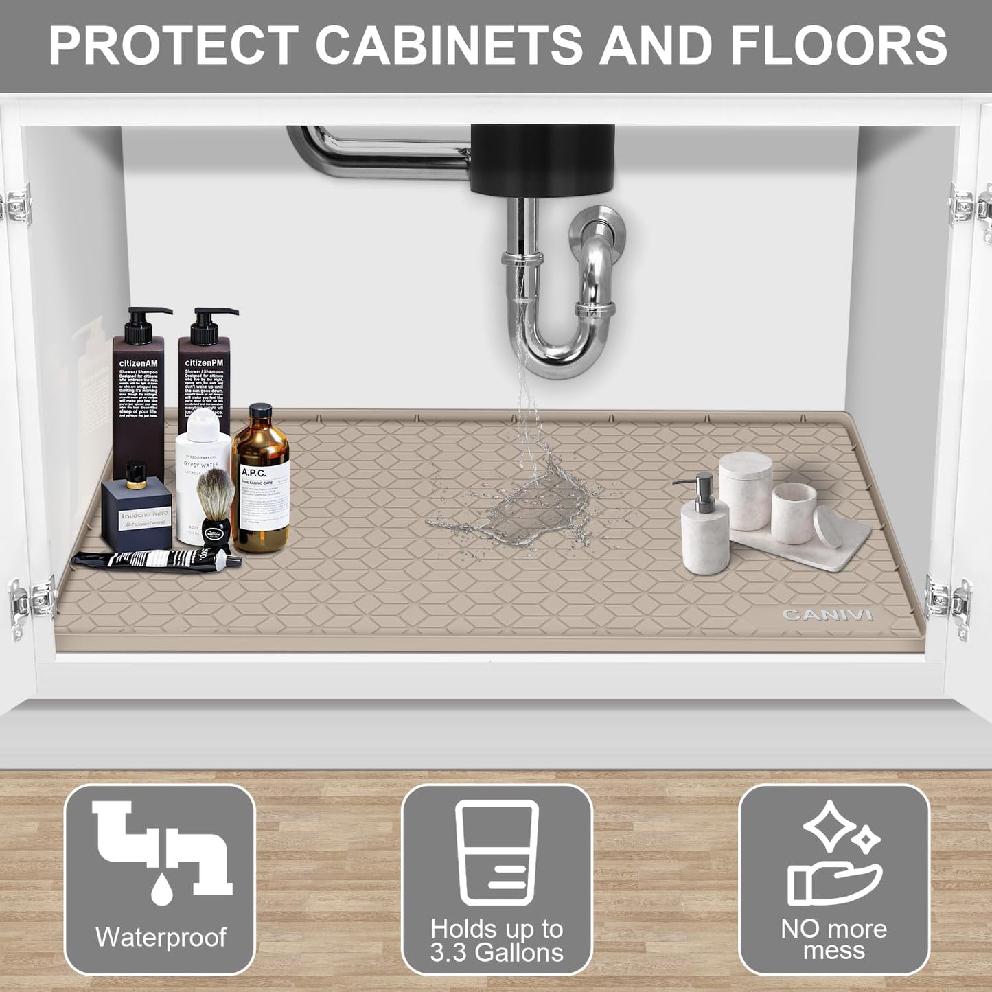 Under Sink Mat, 31" x 22" Waterproof Silicone Under Sink Tray for Kitchen & Laundry Cabinets, Kitchen Cabinet Shelf Protector, Up to 3.2 Gallons Liquid, Fits 36 inch Standard Cabinet(Apricot)