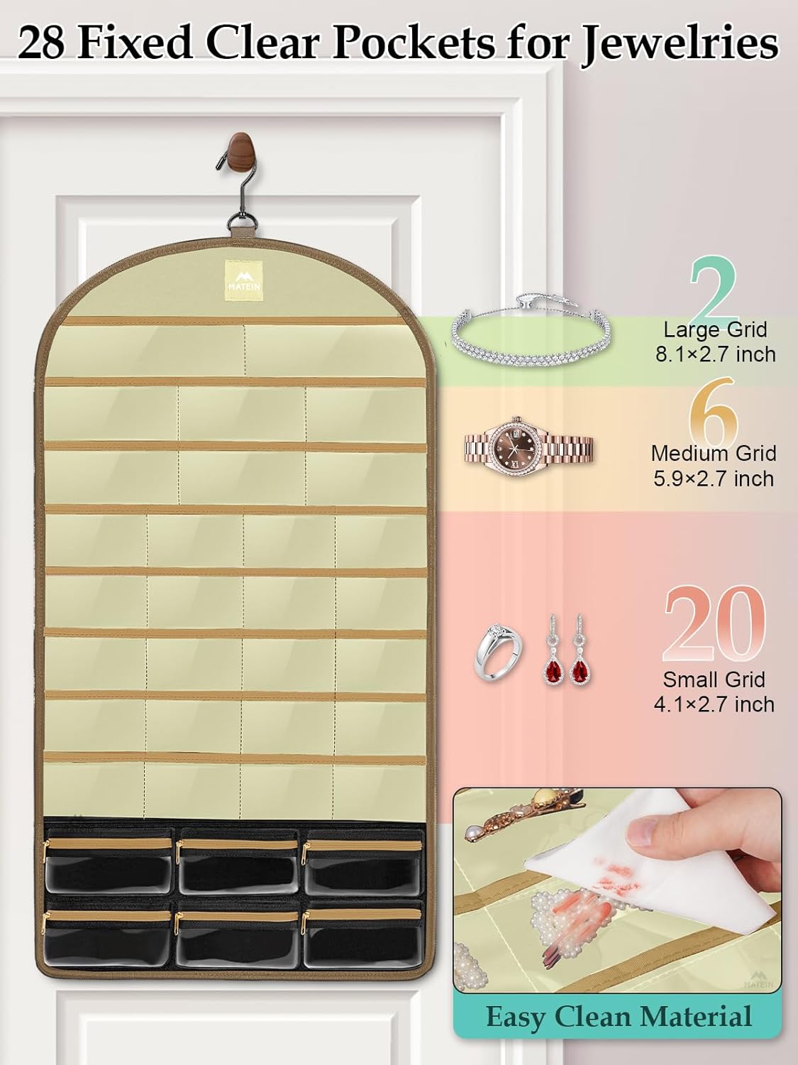 MATEIN Over the Door Jewelry Organizer with Travel Pouch, Double-Sided Hanging Necklace Earring Holder with Pockets, Large Jewelry Storage for Rings Bracelets, Christmas Gifts for Her, Beige-Brown