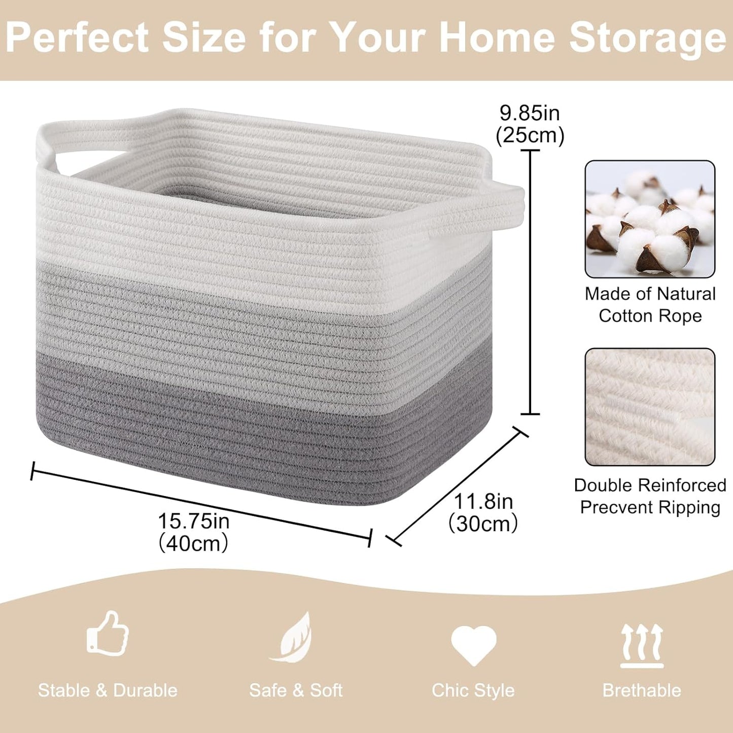 Storage Baskets for Organizing, Woven Baskets for Shelves, Rectangle Decorative Organizer for Storage Clothes, Toy, Books, Towels Nursery Bins 3 Pack (Gradient Grey, 15.75"x11.8"x9.85")
